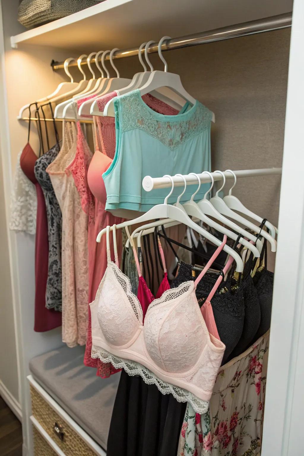 Tiered hangers maximize the utility of limited closet space.