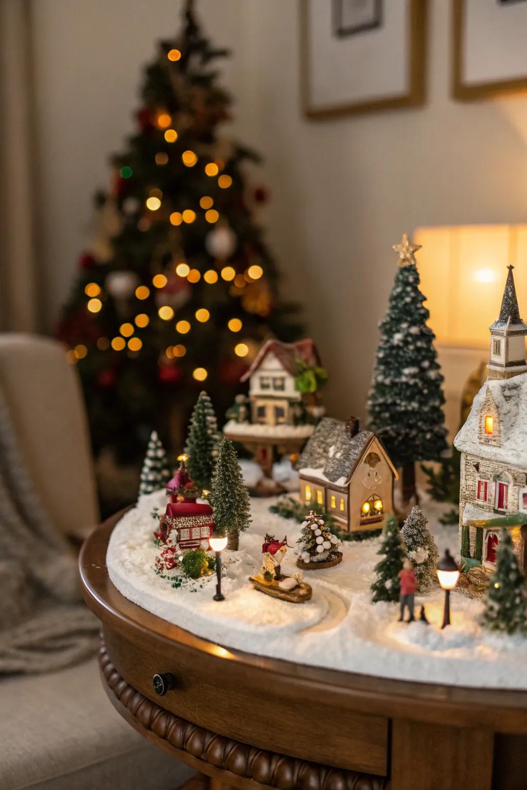 A miniature village exhibit introduces a whimsical and surprising feature to your ornamentation.