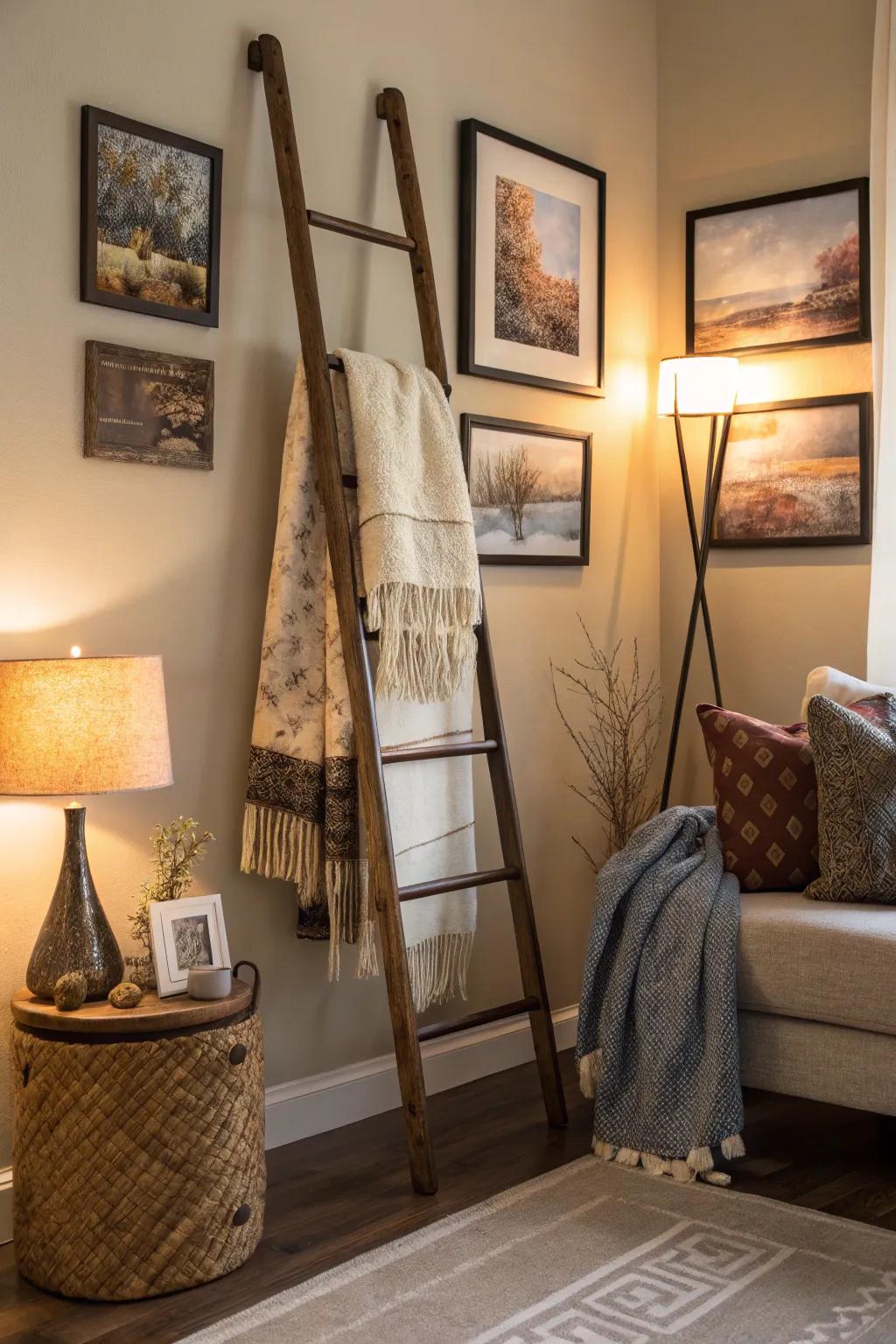 A decorative ladder adds height and style to a corner.