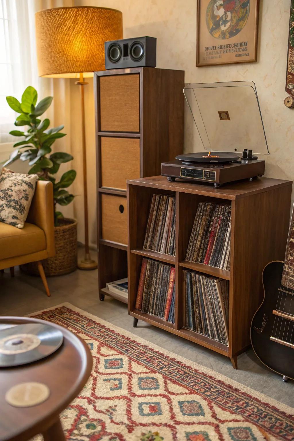 A classic vinyl sanctuary employing cube storage for a nostalgic vibe.