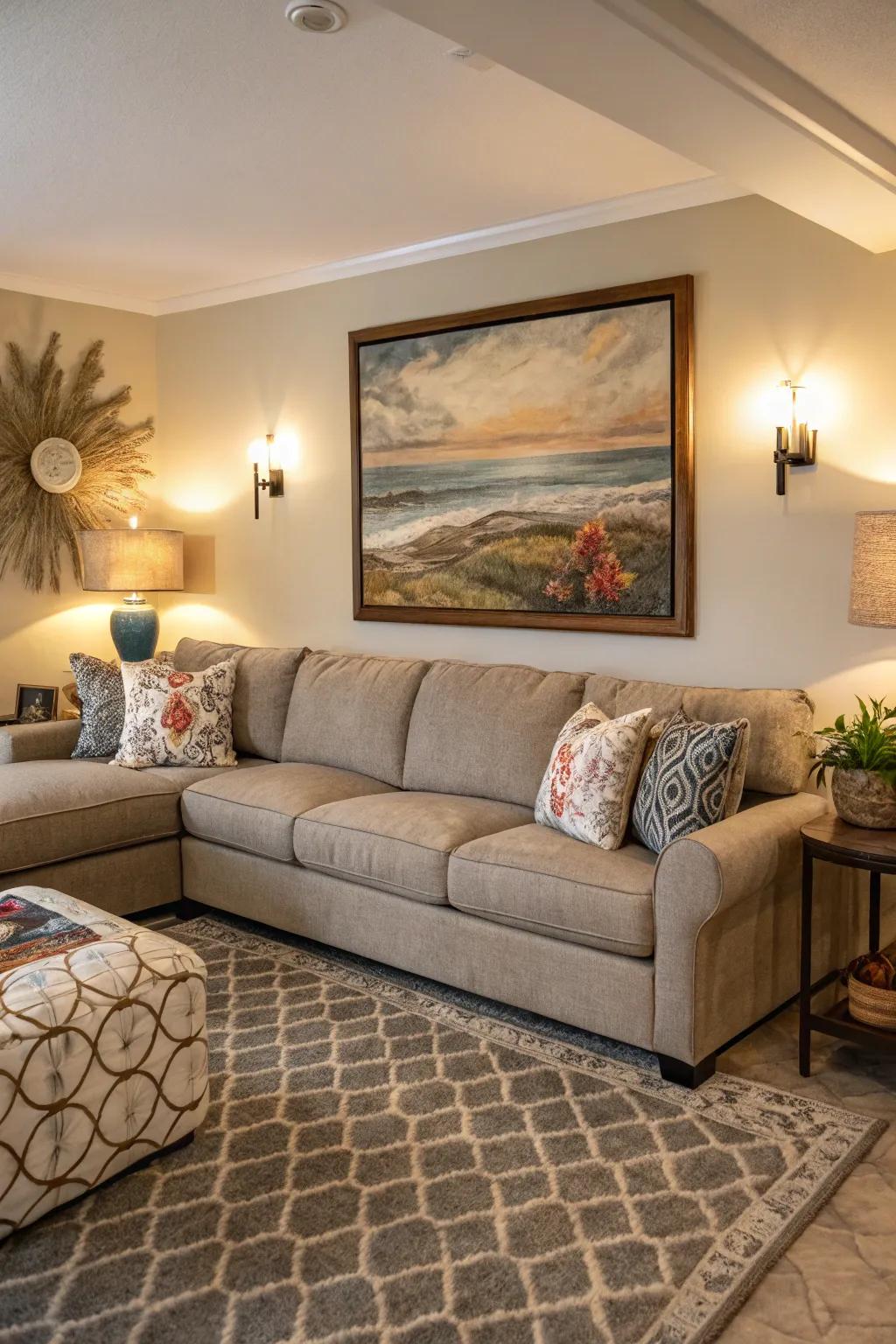 Accentuate your sectional with memorable artwork for high impact.