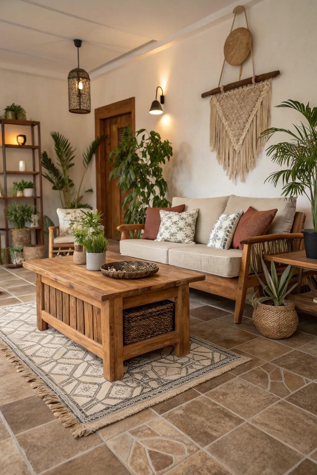 Welcoming family room with timber-like tiles.