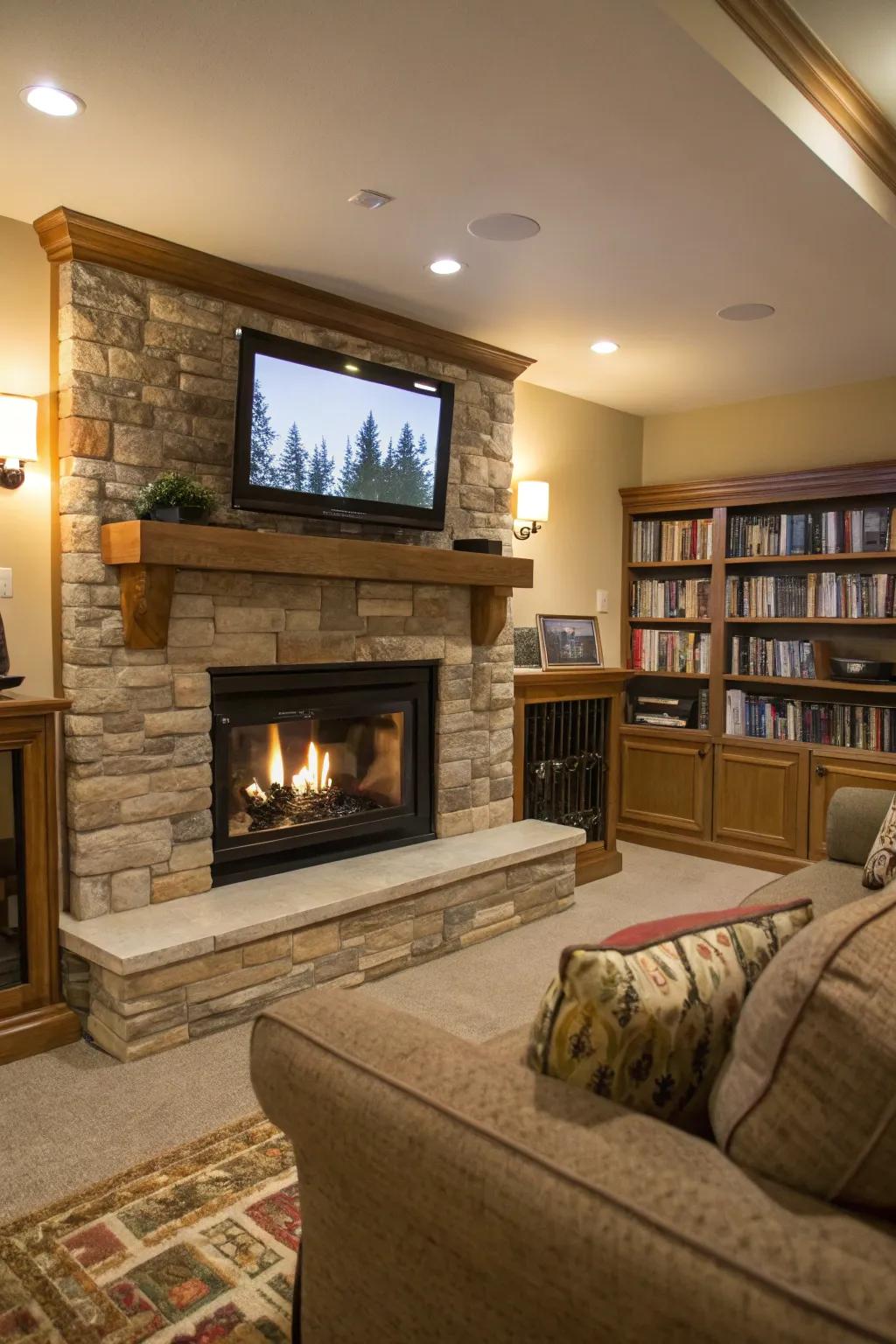 A see-through hearth introduces luxury and intrigue.