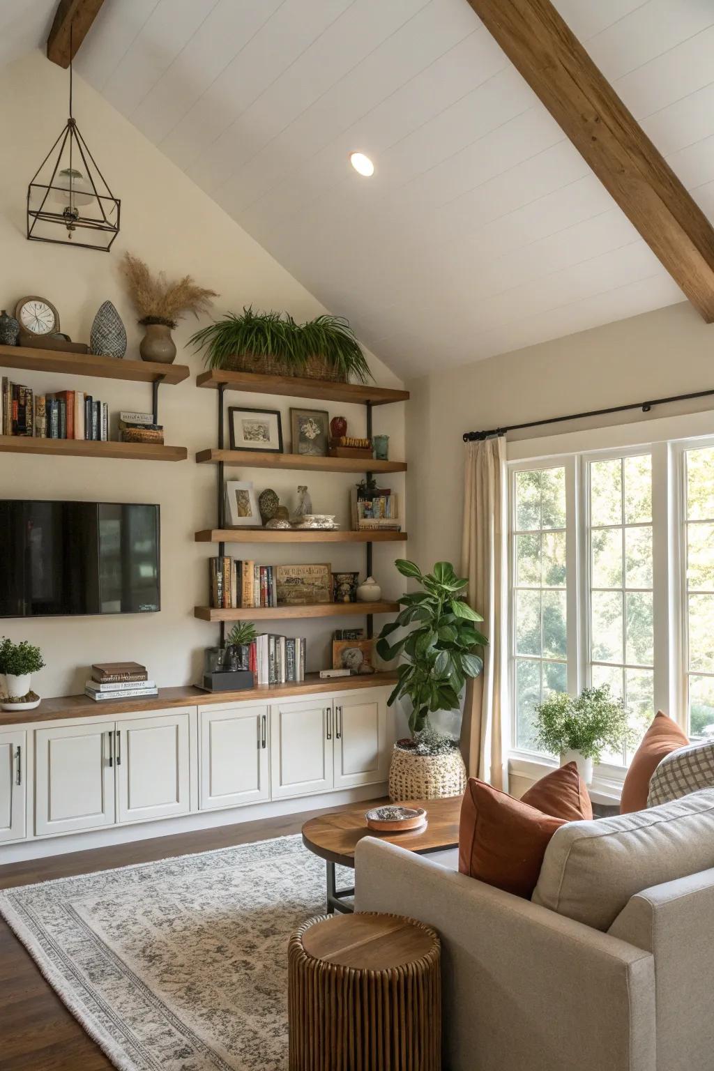 Floating shelves add style to a high ceiling wall.