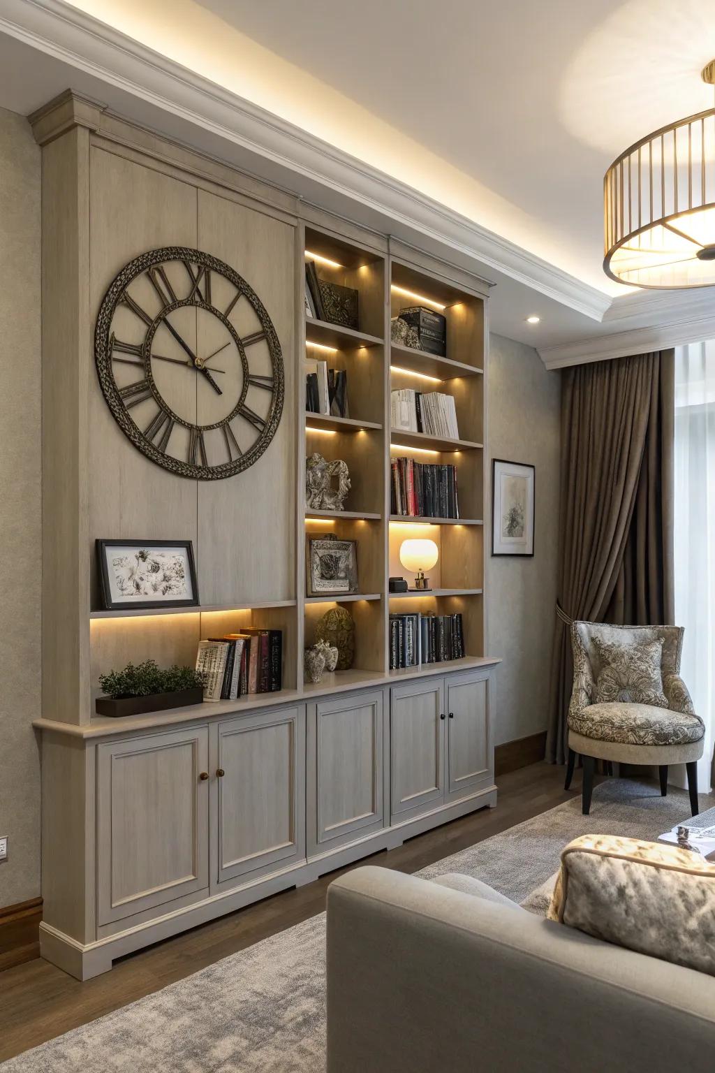 A wall clock on a shelving unit combines style and organization.