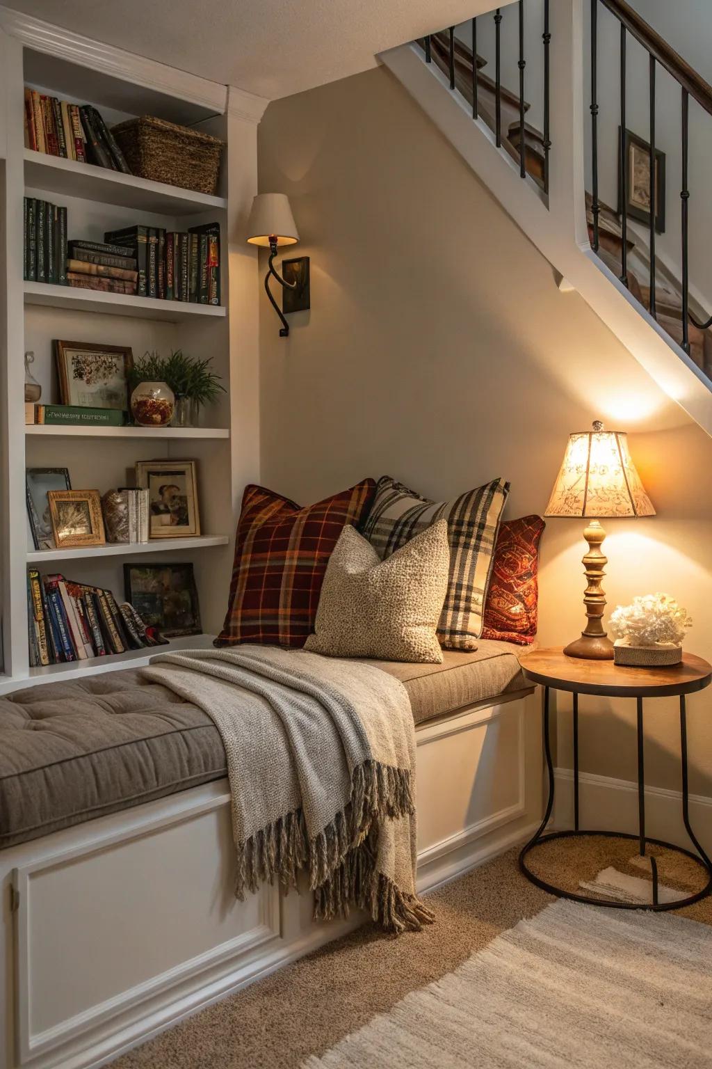 A cozy reading nook transforms an unused corner.