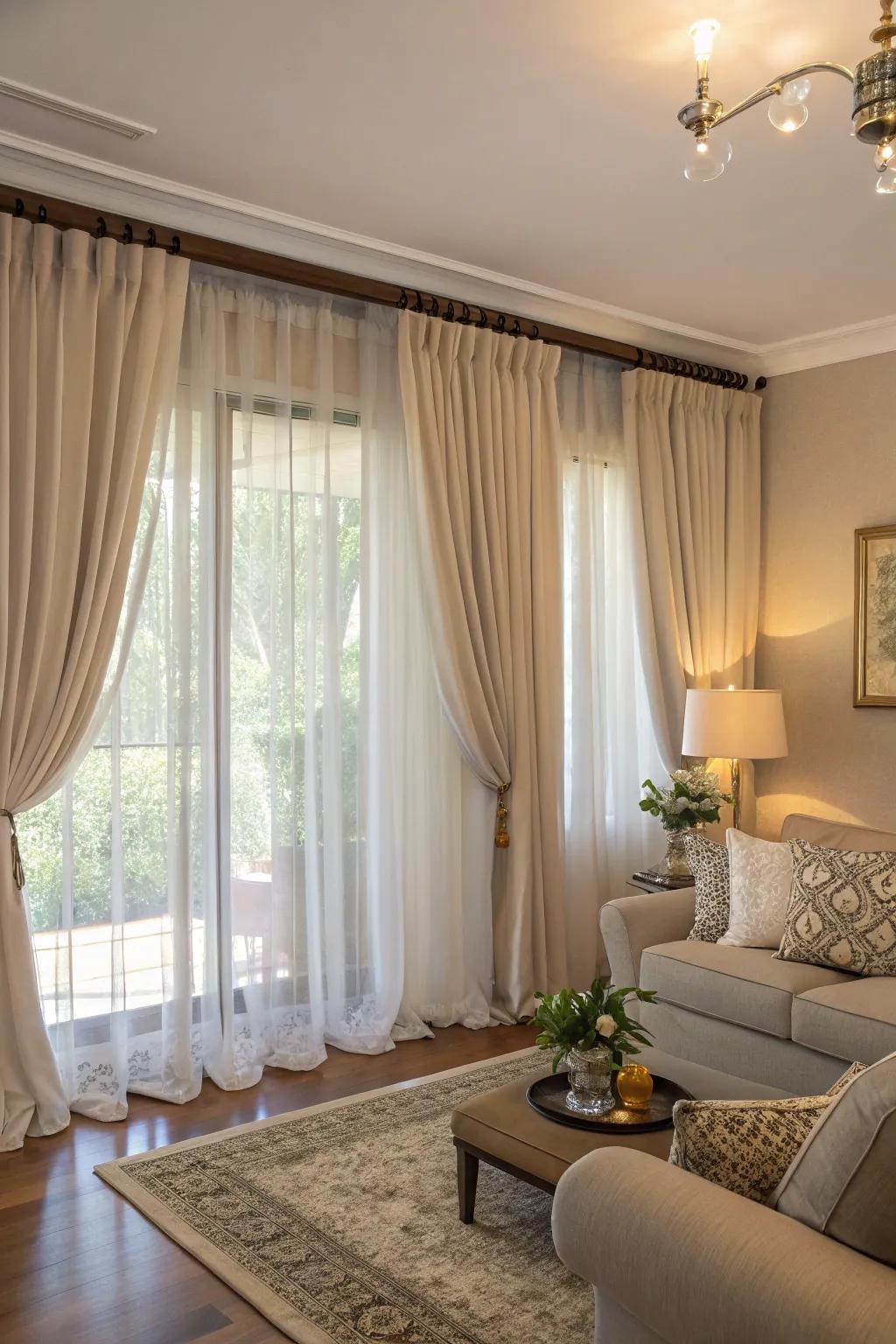 Dual rod curtains offer style and practicality.