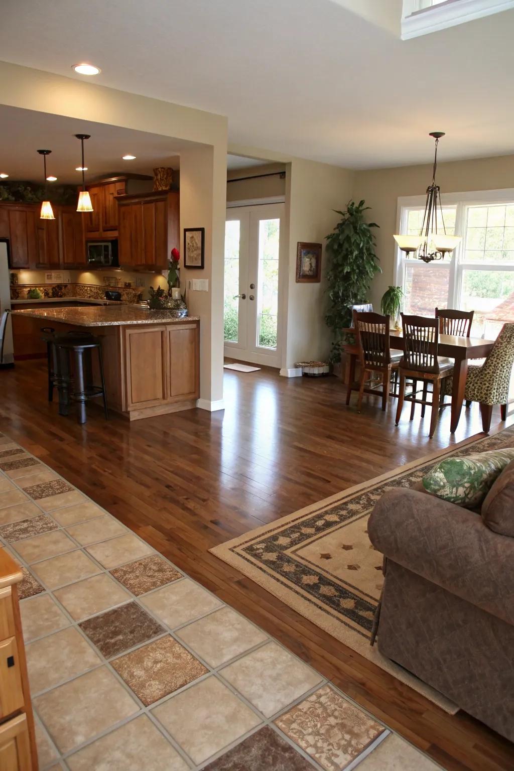 Zoned flooring scheme subtly characterizes discrete areas within the space.
