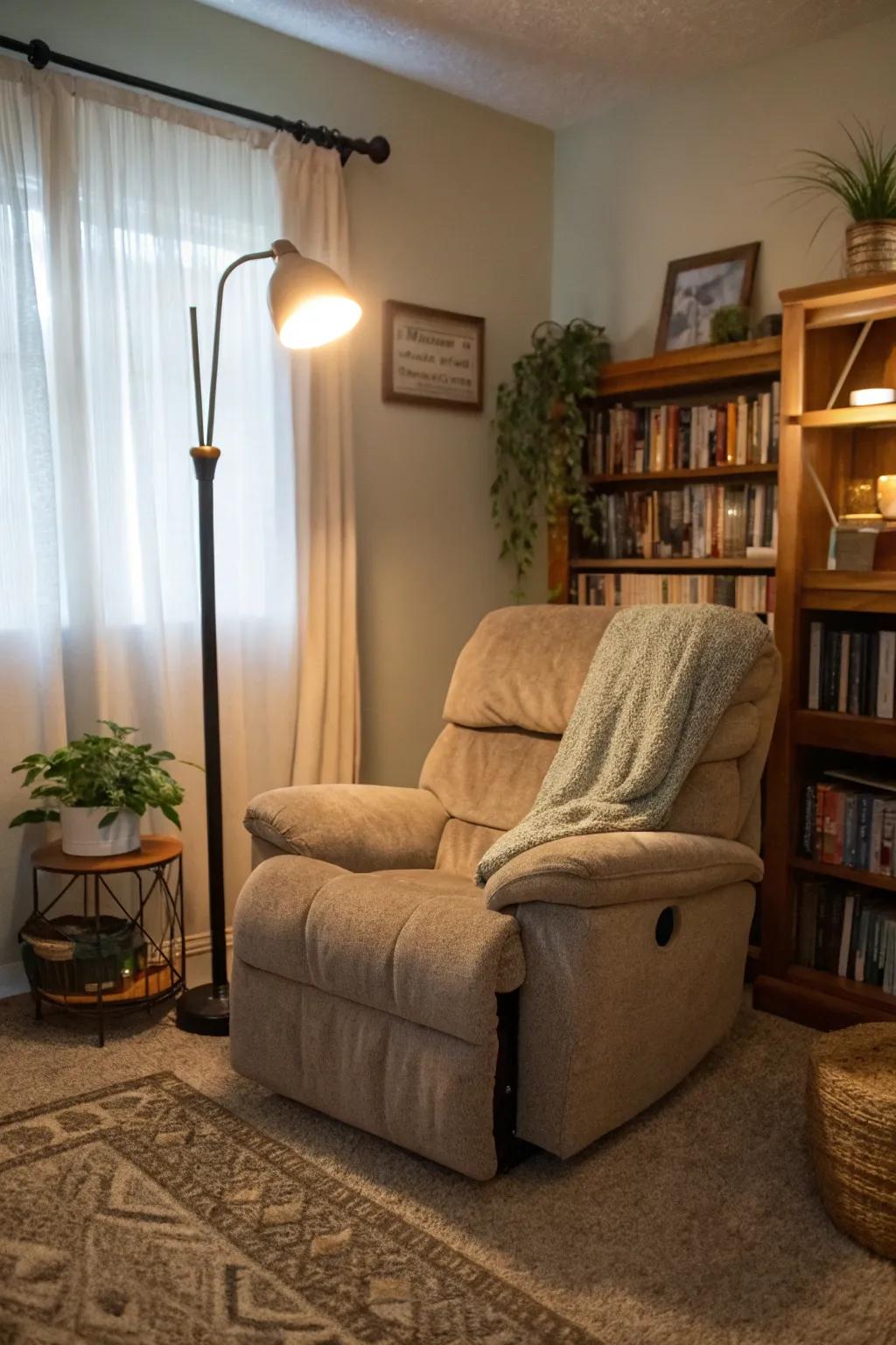 A well-illuminated recliner corner, perfect for relaxation and reading.