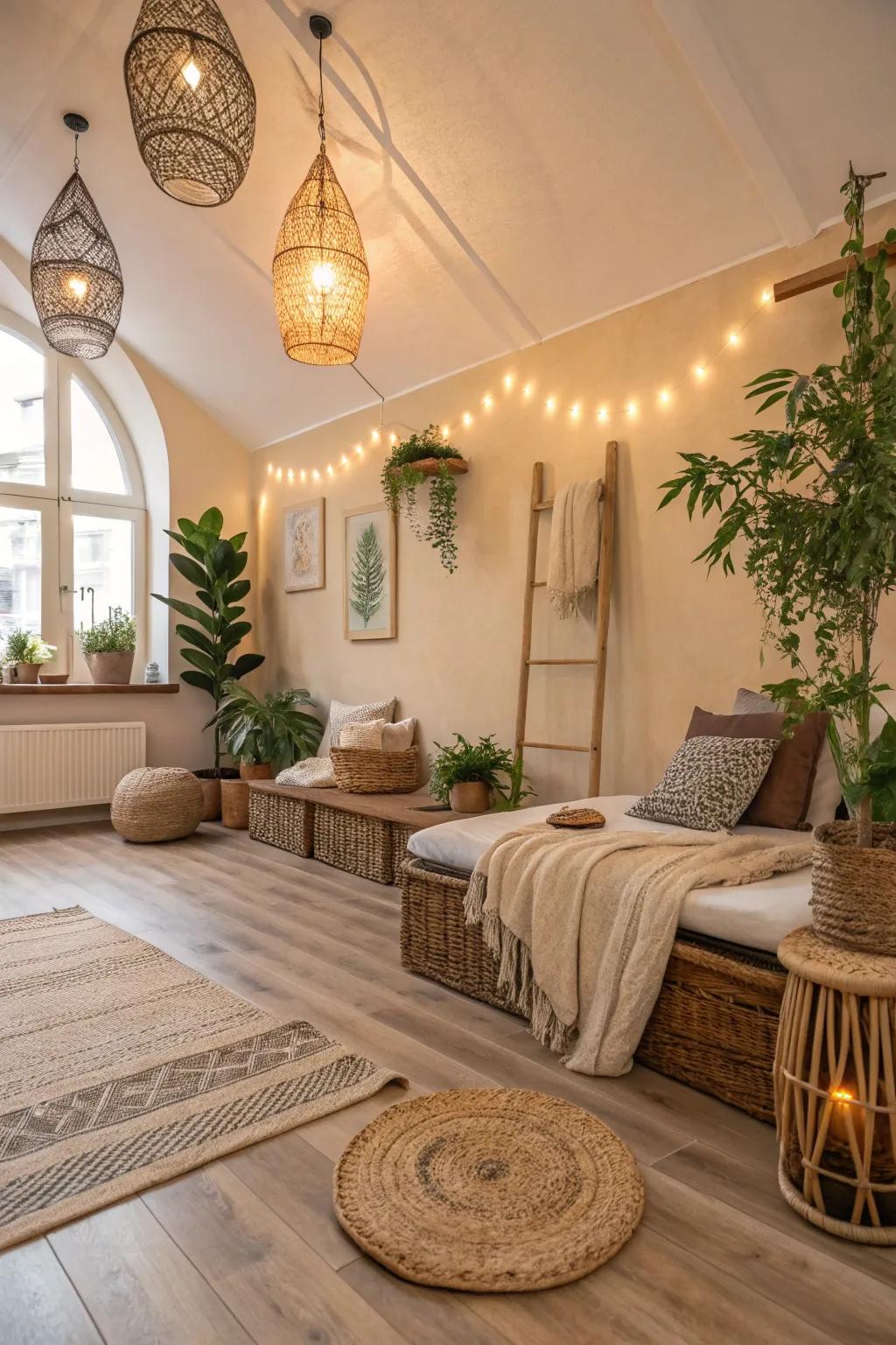 Neutral colors make a calm loft area.