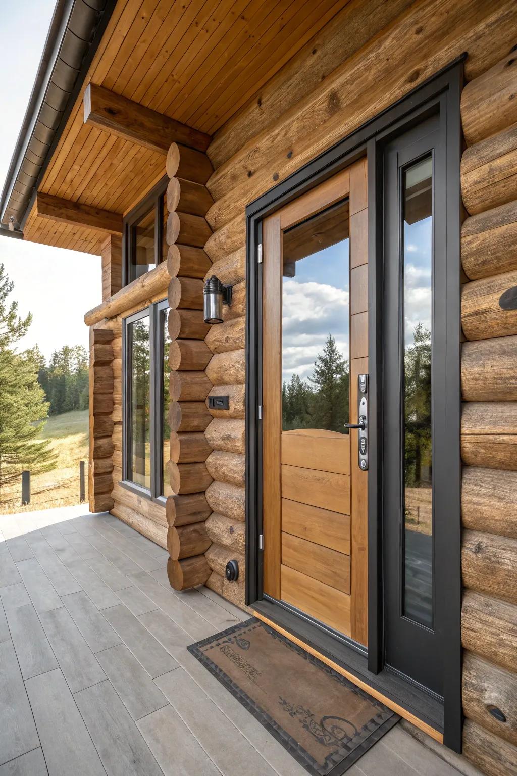 A log cabin doorway uniting modern and countryside components.