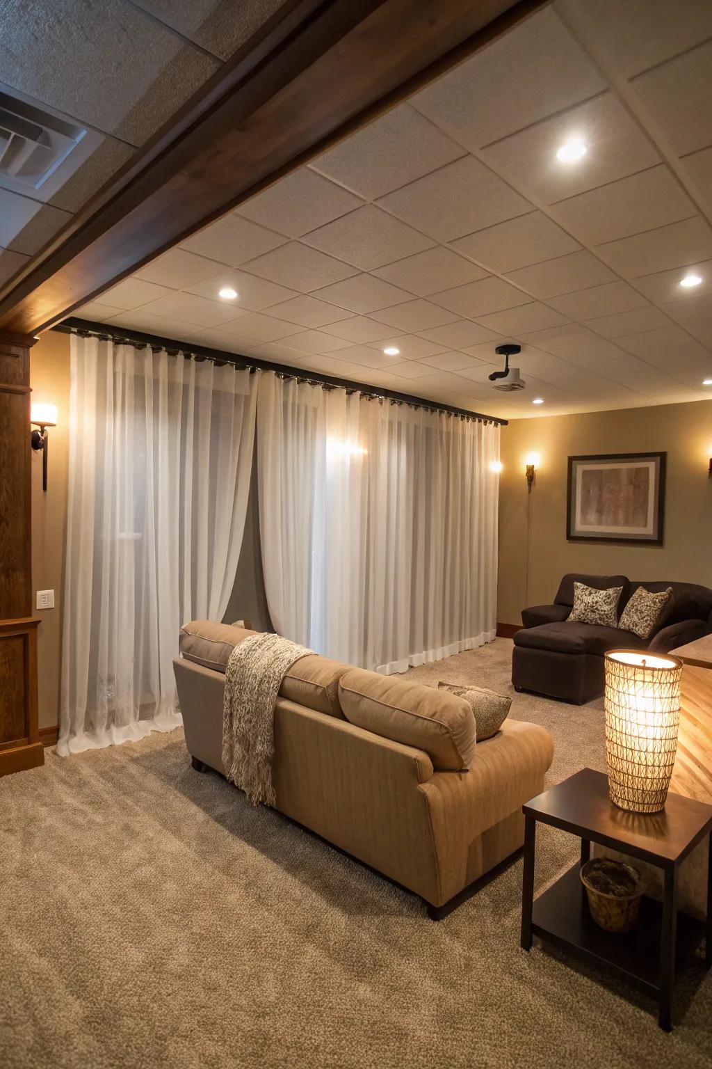 Tall drapes add height and elegance to basement windows.