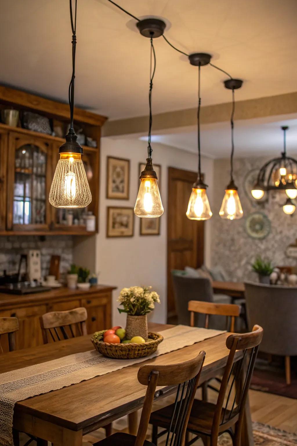Grouped compact pendant lights in a dining space.