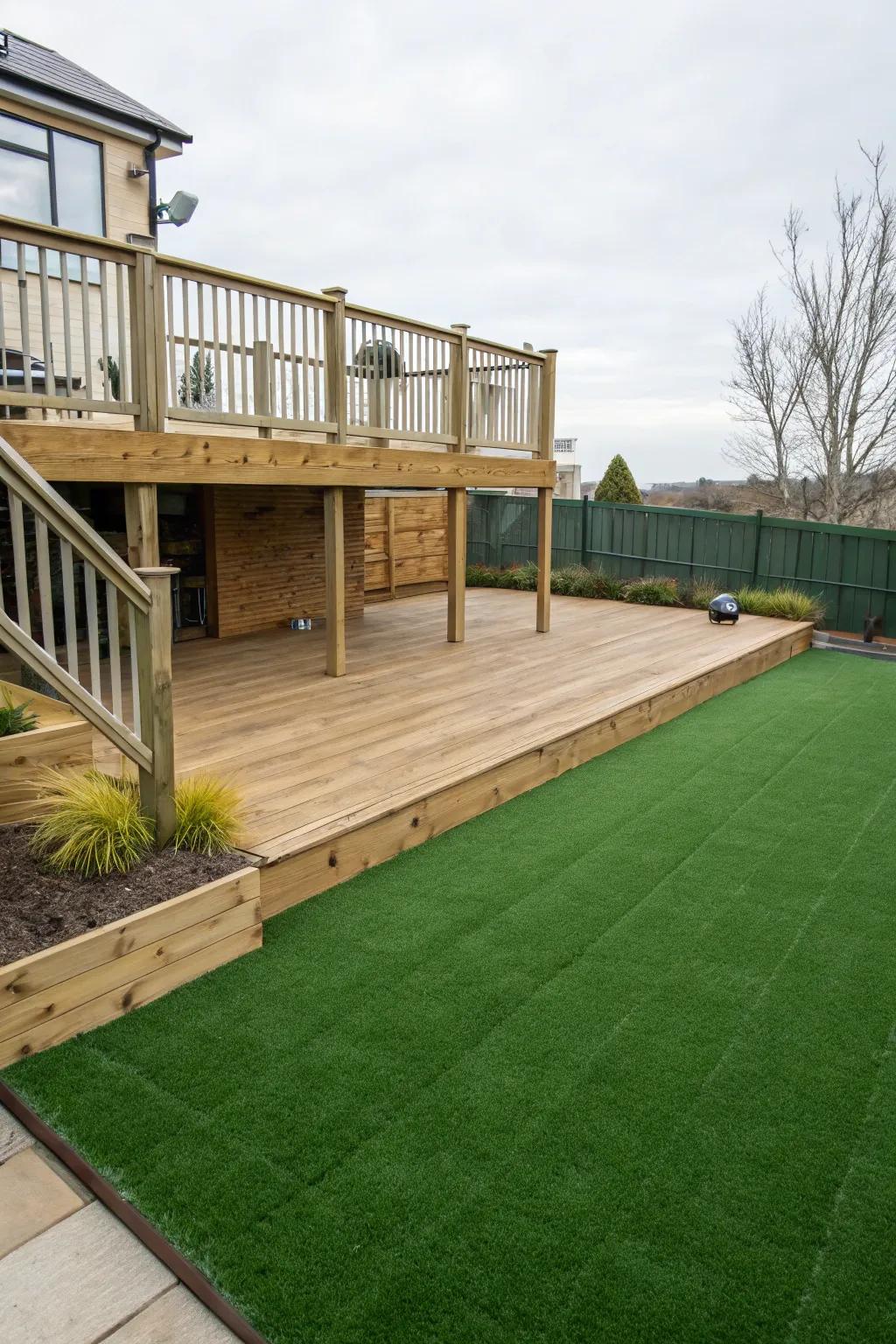Man-made turf furnishing a lush surface encircling an elevated deck.
