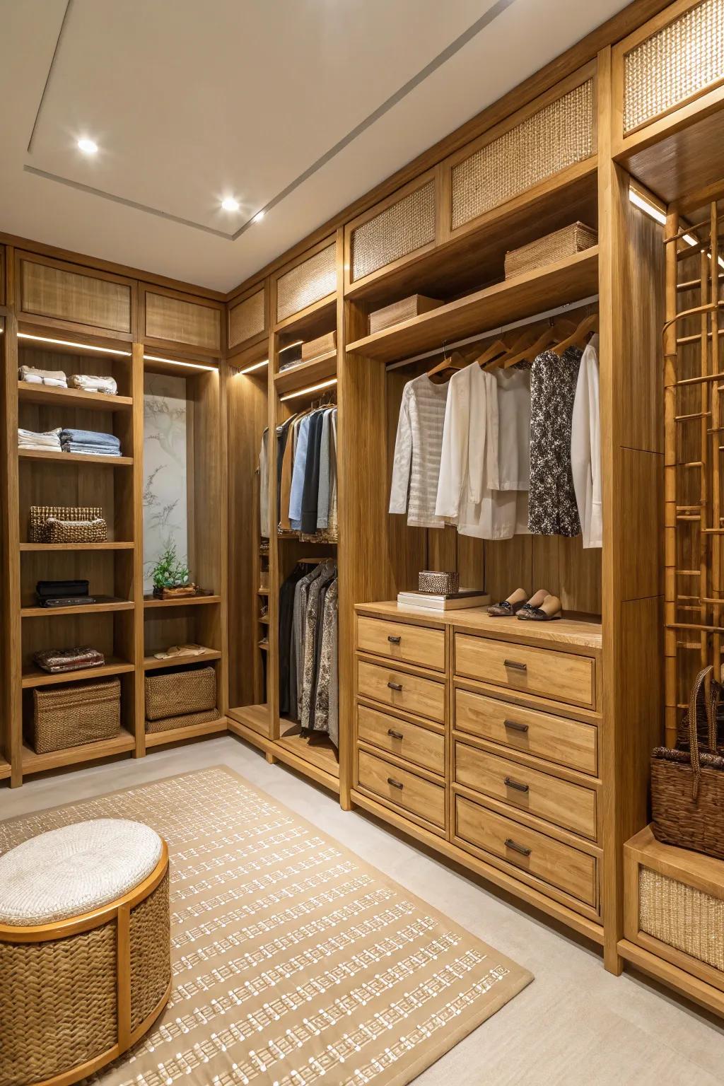Natural materials creating an eco-conscious luxury closet.
