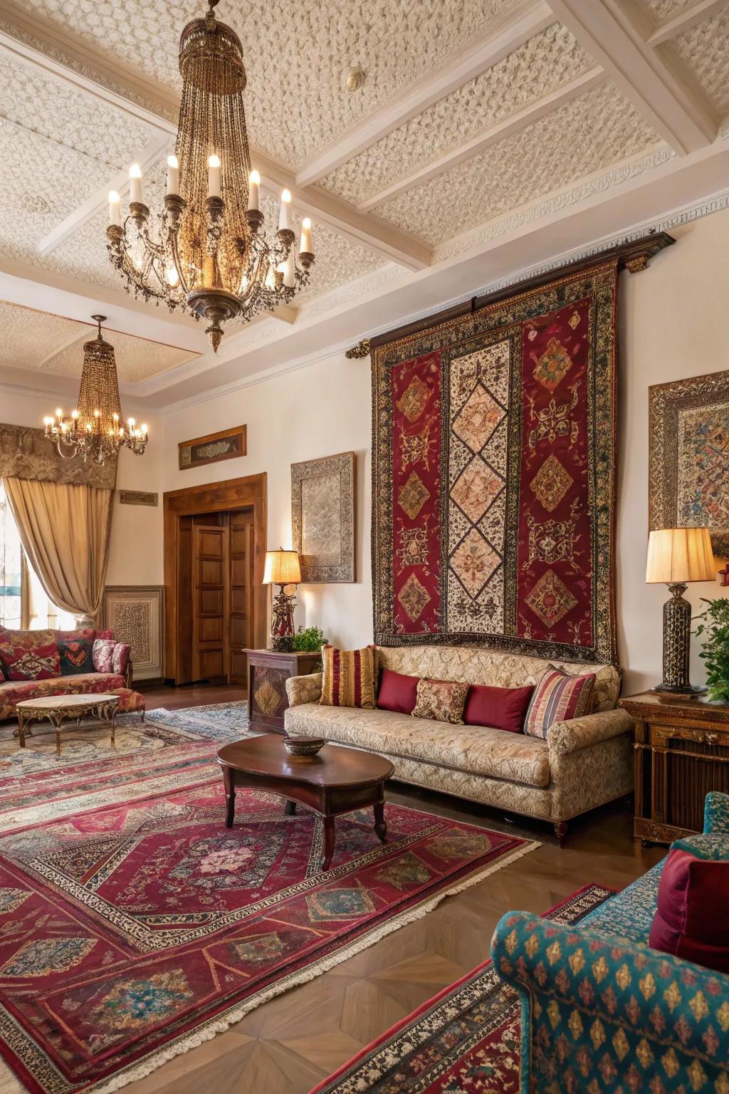 Unexpected fabrics introduce distinctive charm to this living room.