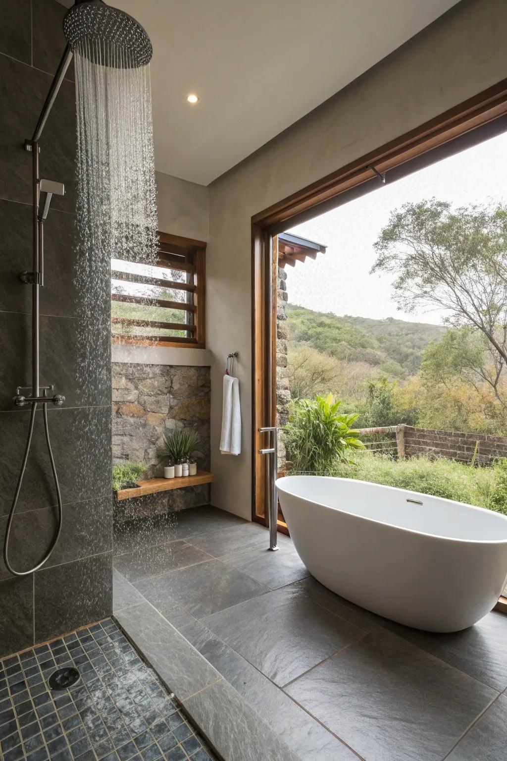 A spa-inspired bathroom featuring a wet room with a rainfall shower and freestanding tub.