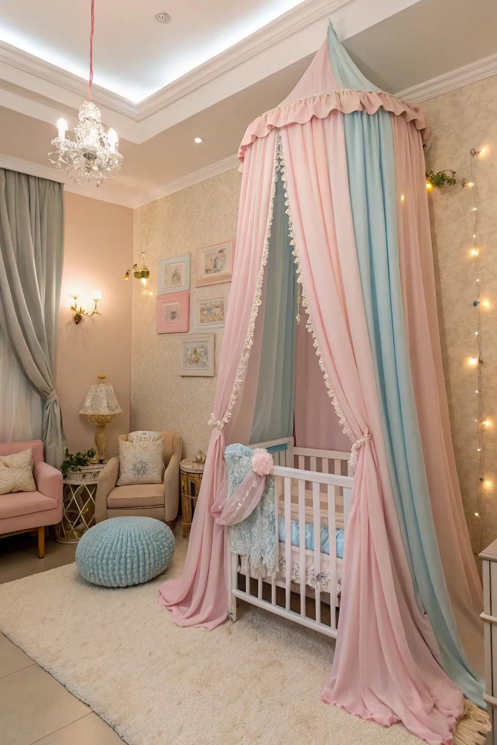 A nursery with elegant curtains that add a touch of luxury and light control.
