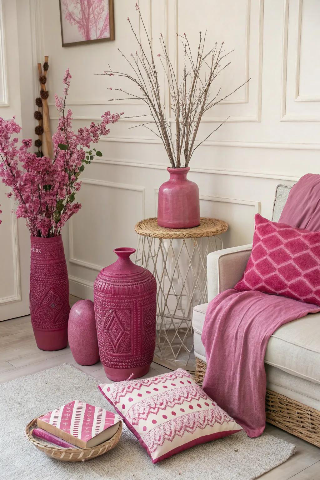 Fuchsia decorations add vibrant pops of color to this stylish room.