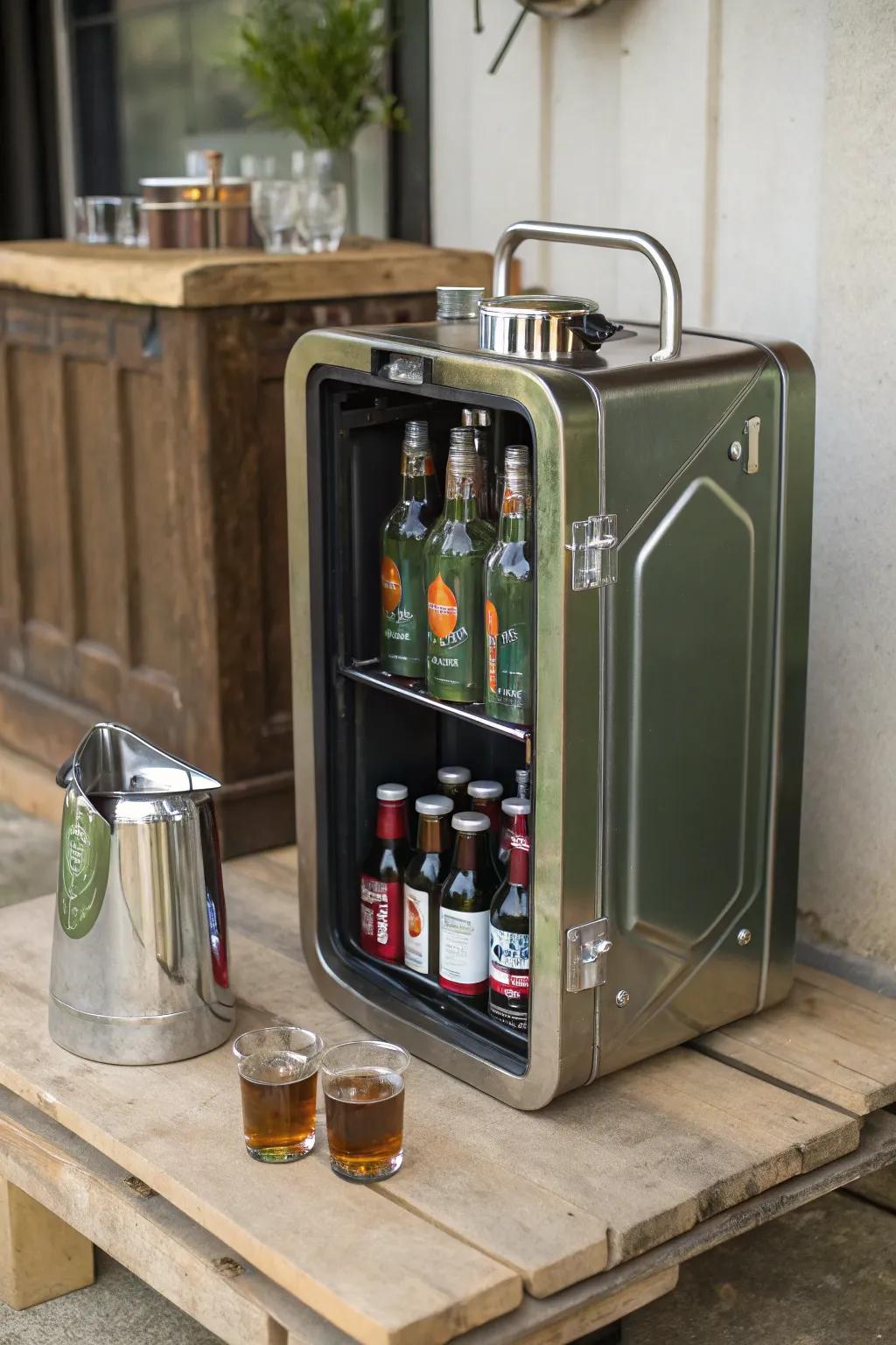 A fuel can mini bar offers a stylish storage solution.