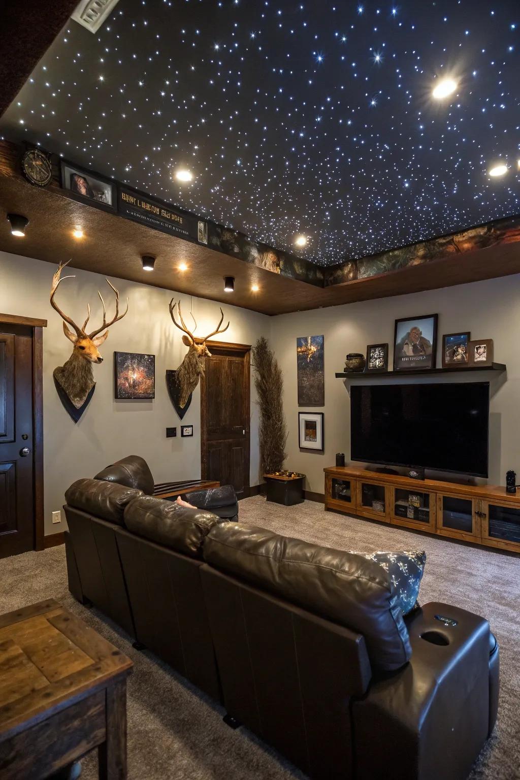 An innovative ceiling structure replicates a celestial nocturnal expanse within this man cave.