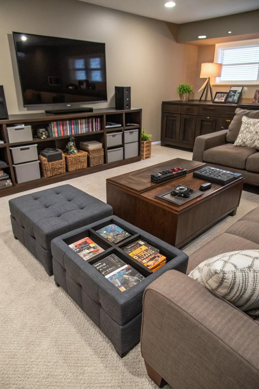Concealed storage solutions featuring ottomans and coffee stands.