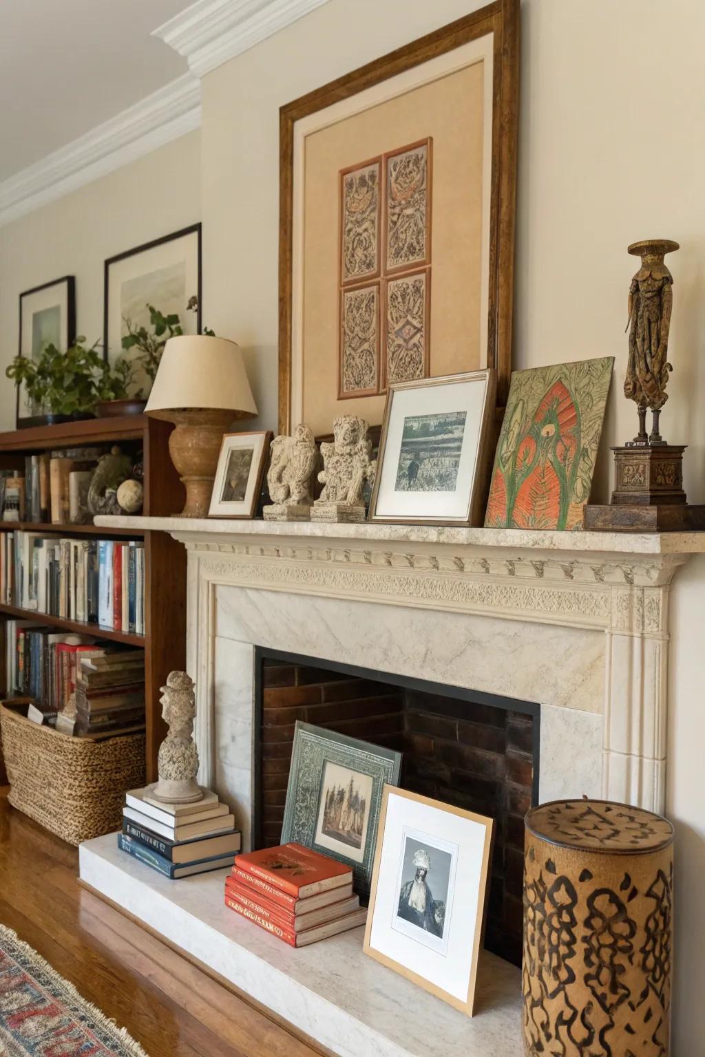 A layered mantel creates visual interest.