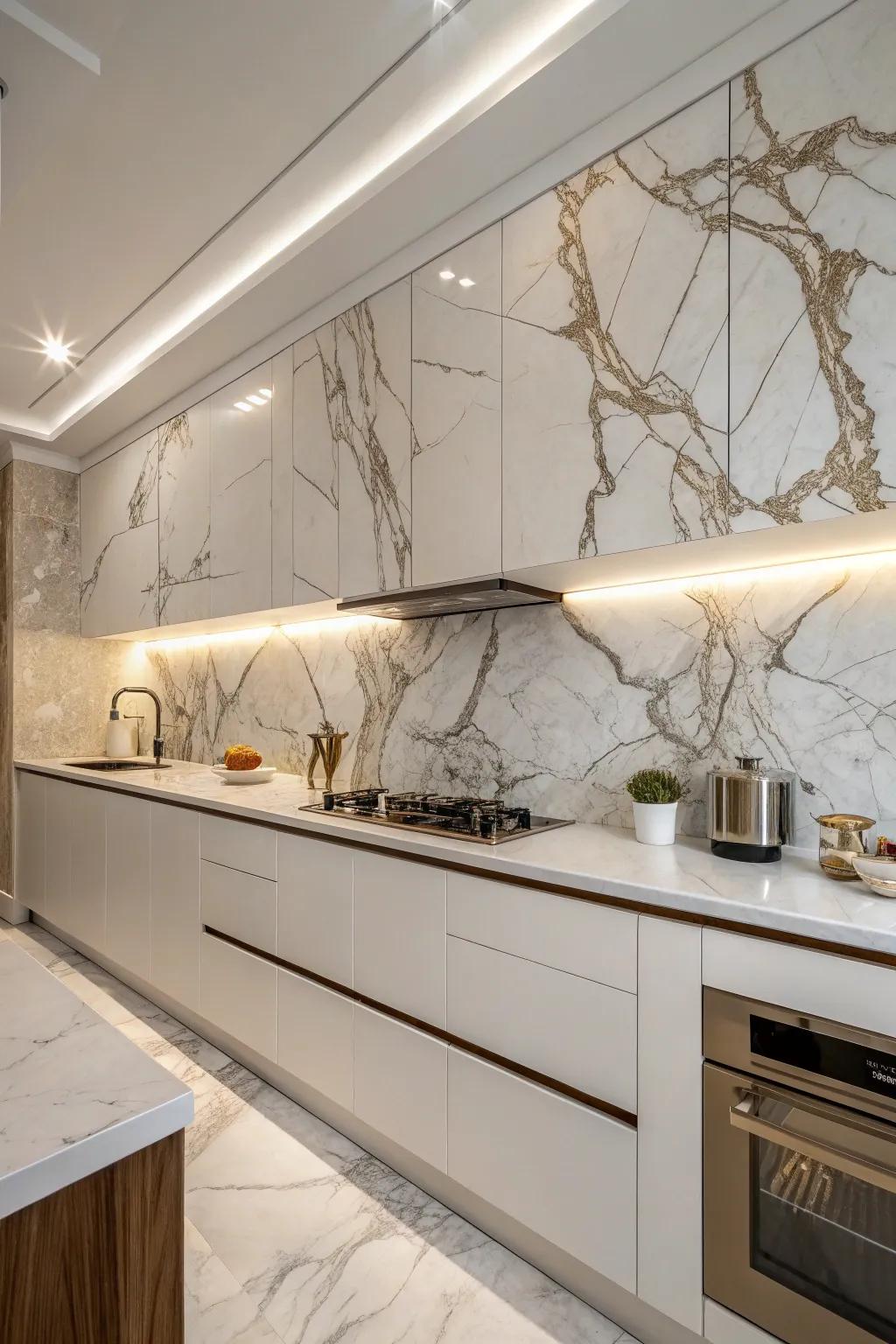 An artistic and seamless streak-matched marble backsplash.