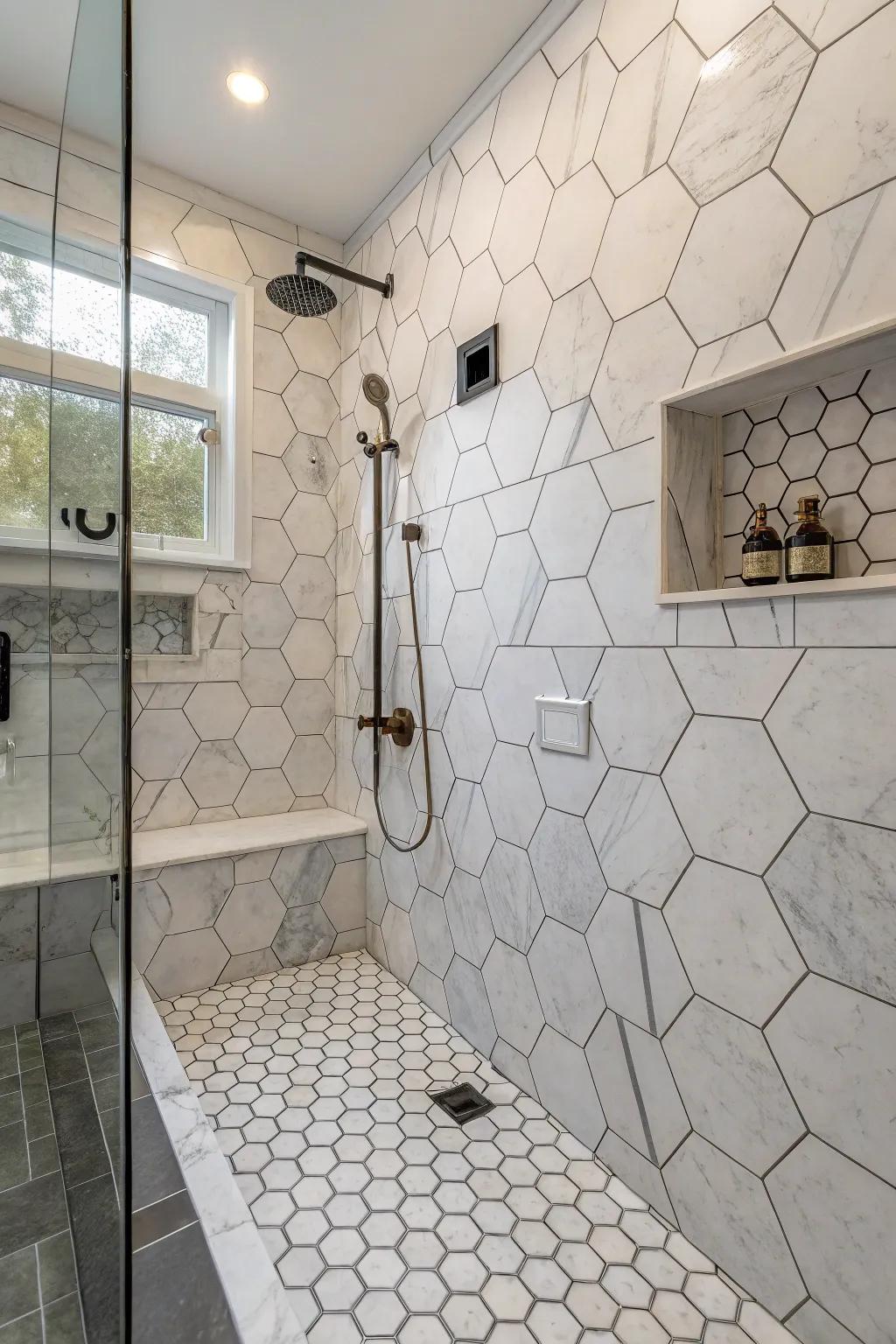 Hexagon tiles add a geometric touch to your shower.