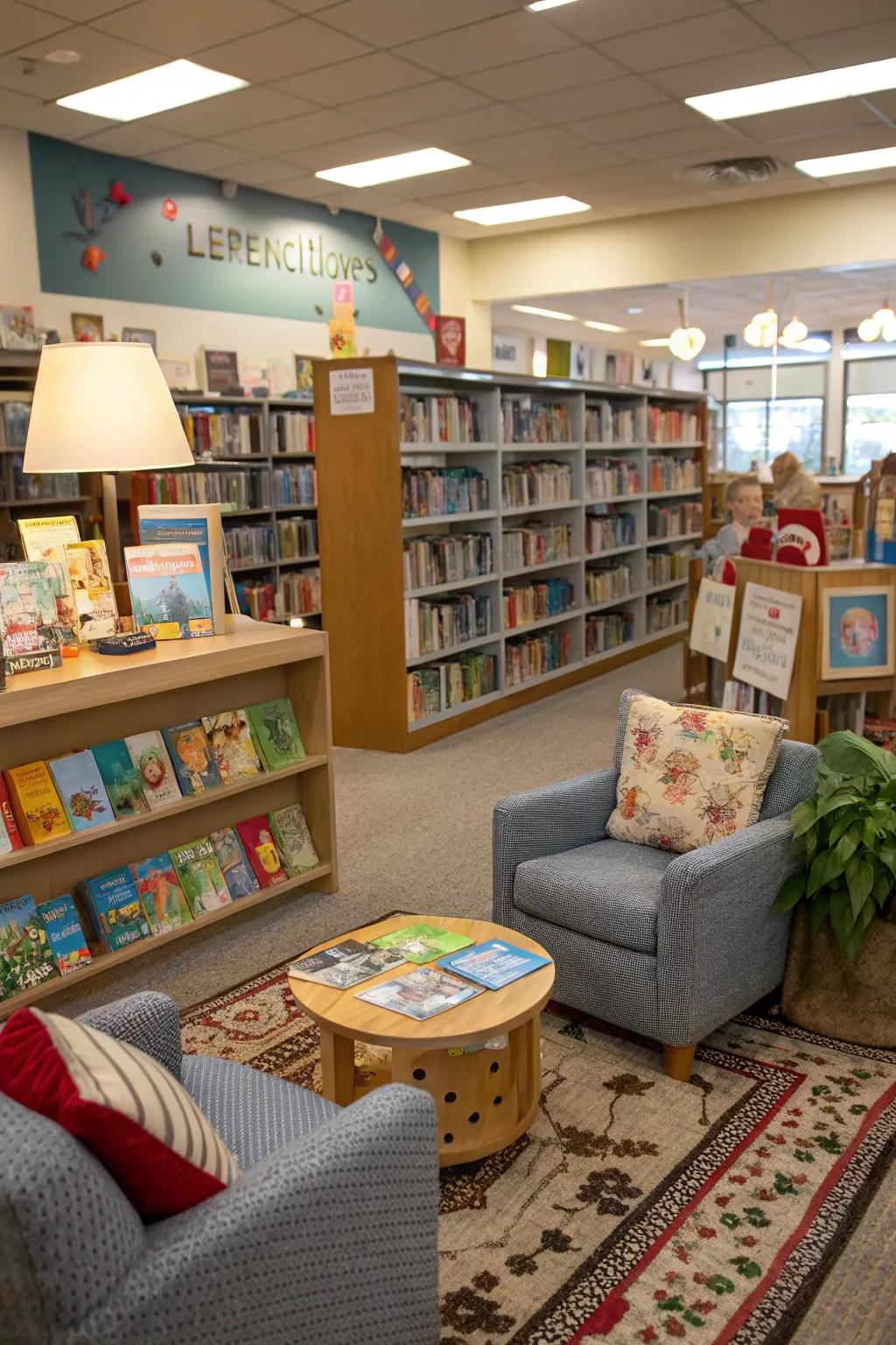 An interactive storytelling corner filled with props and children's books.