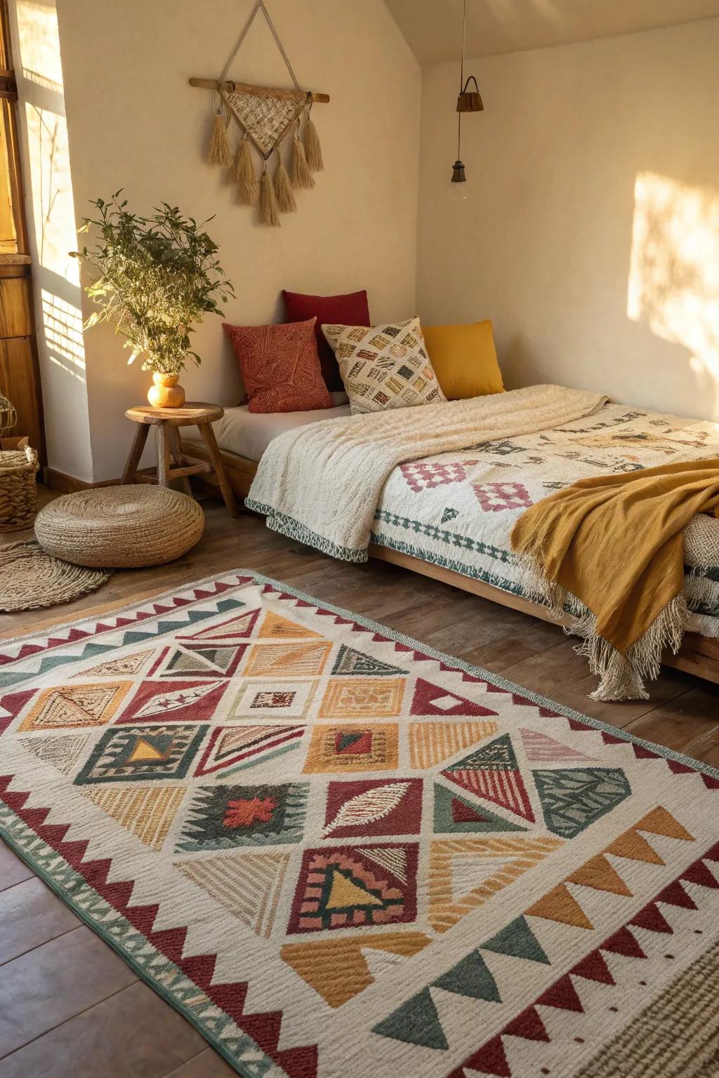 Geometric patterns infuse animated visual fascination into the decor.