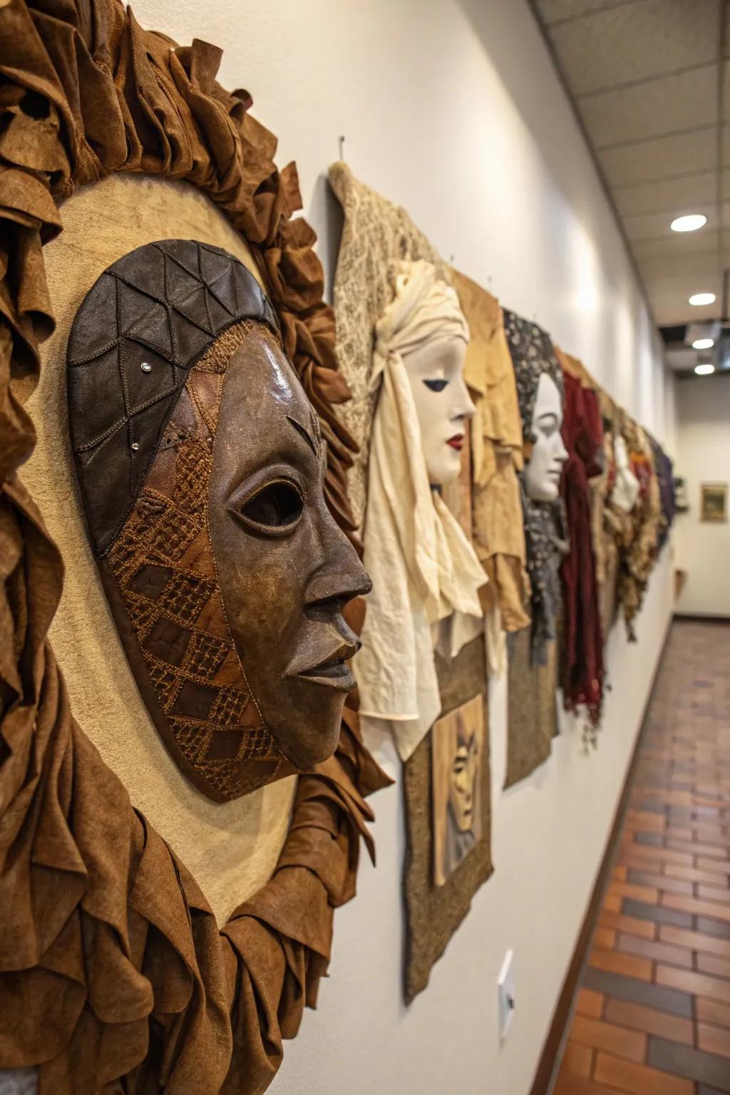 Covered patterns in masks produce a visually and tactilely engaging wall.