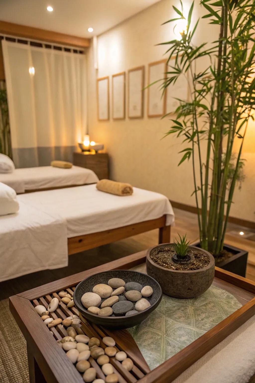 A zen garden adds a peaceful touch to this massage room.