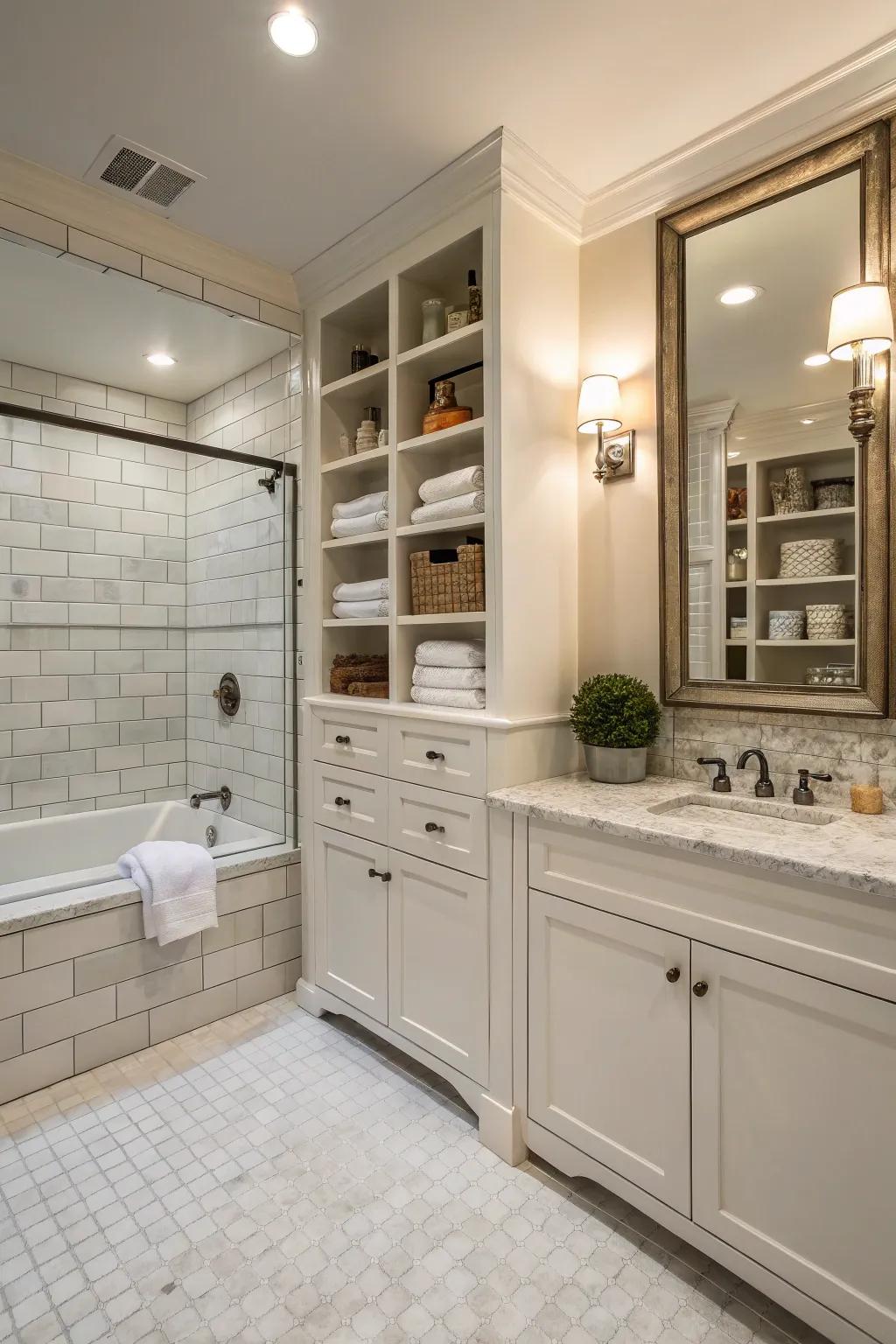 Integrated stowage maintains this primary bathroom uncluttered and systematized without compromising flair.