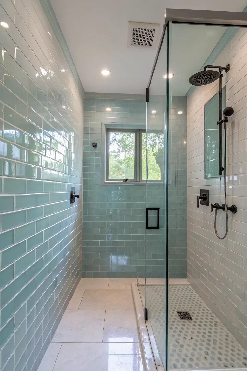 A shower showcasing smooth crystal tiling, improving light and spaciousness.