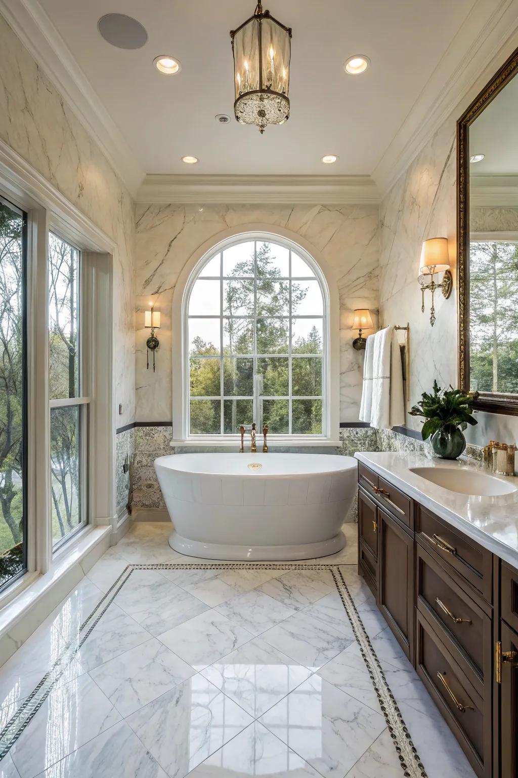 This master bathroom's focal point is a separate whirlpool.