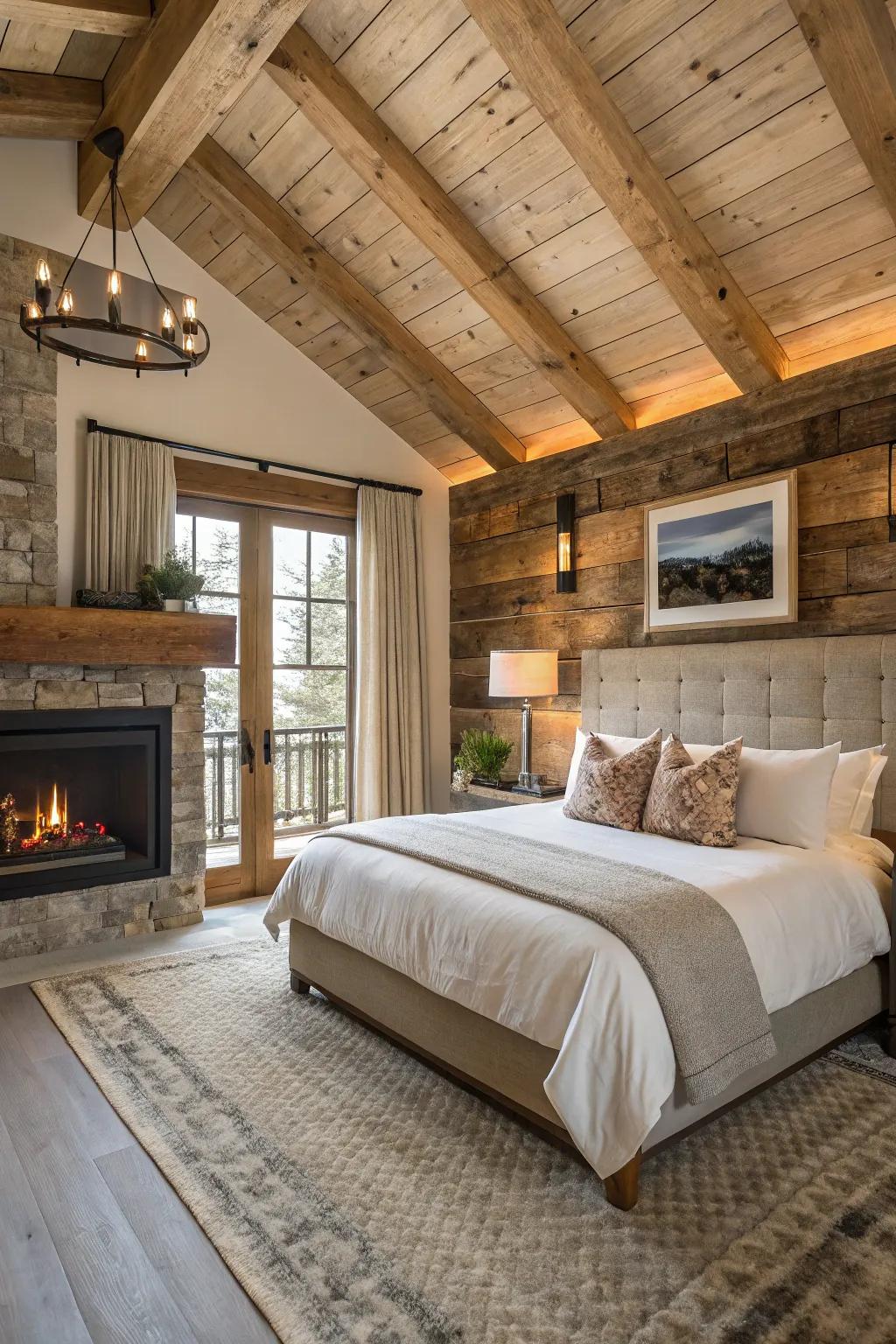 Rustic charm is accomplished with upcycled wood features around the electric fireplace.