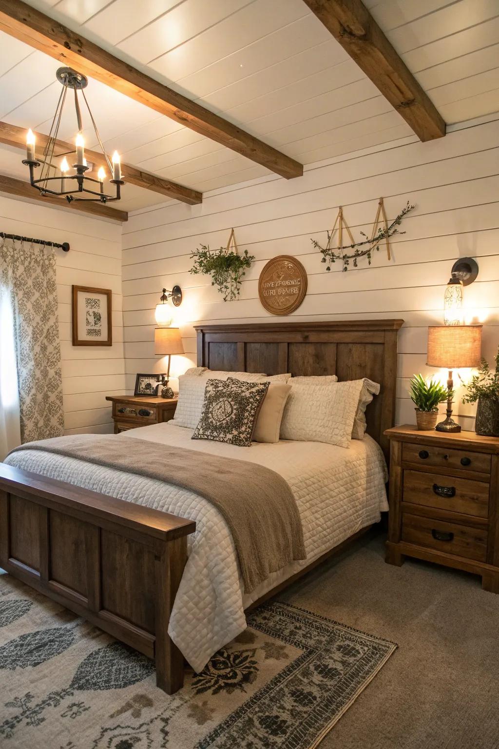 Shiplap walls bring modern farmhouse appeal to your bedroom.