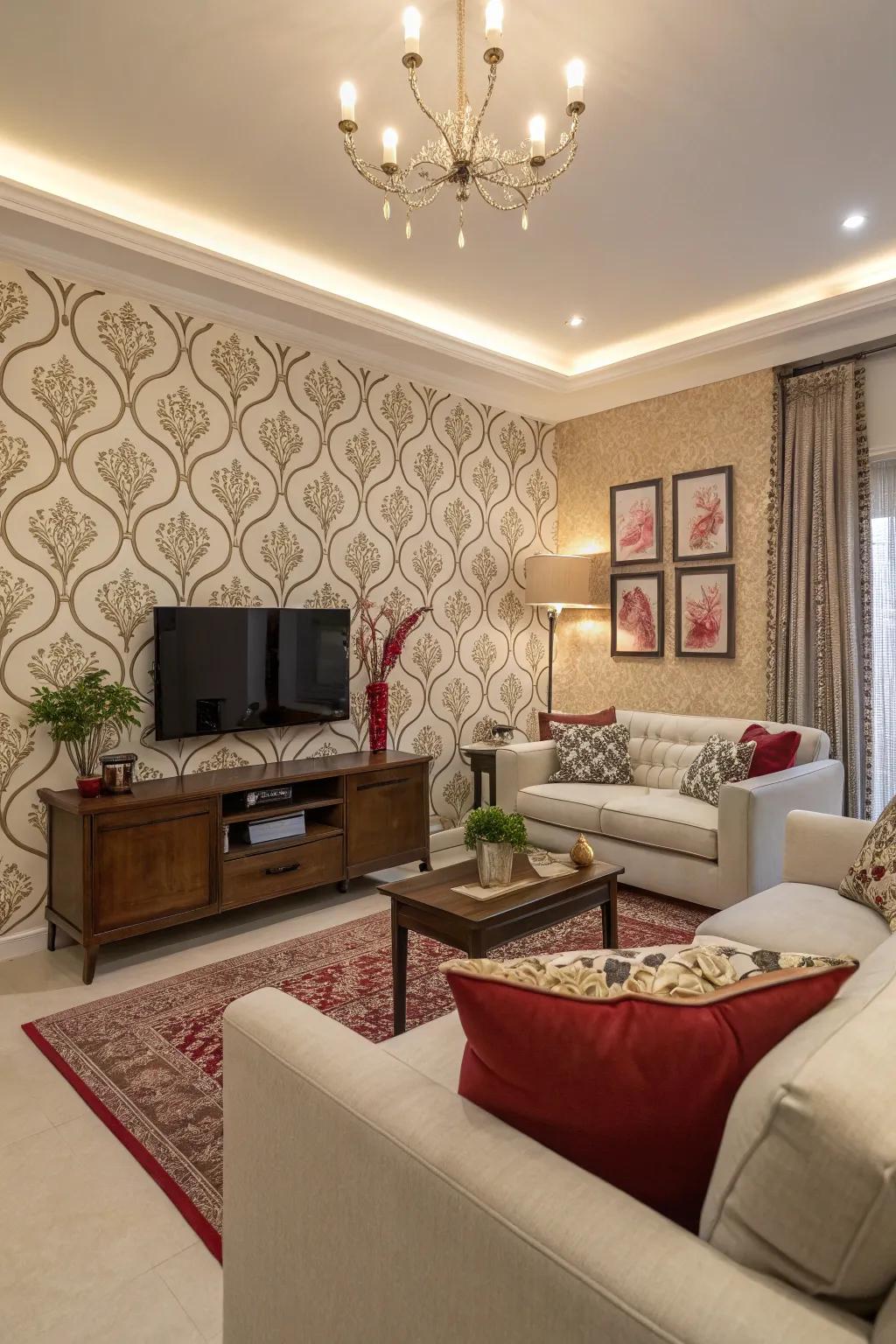 A daring accent wall becomes the focal point of a fashionable family room.
