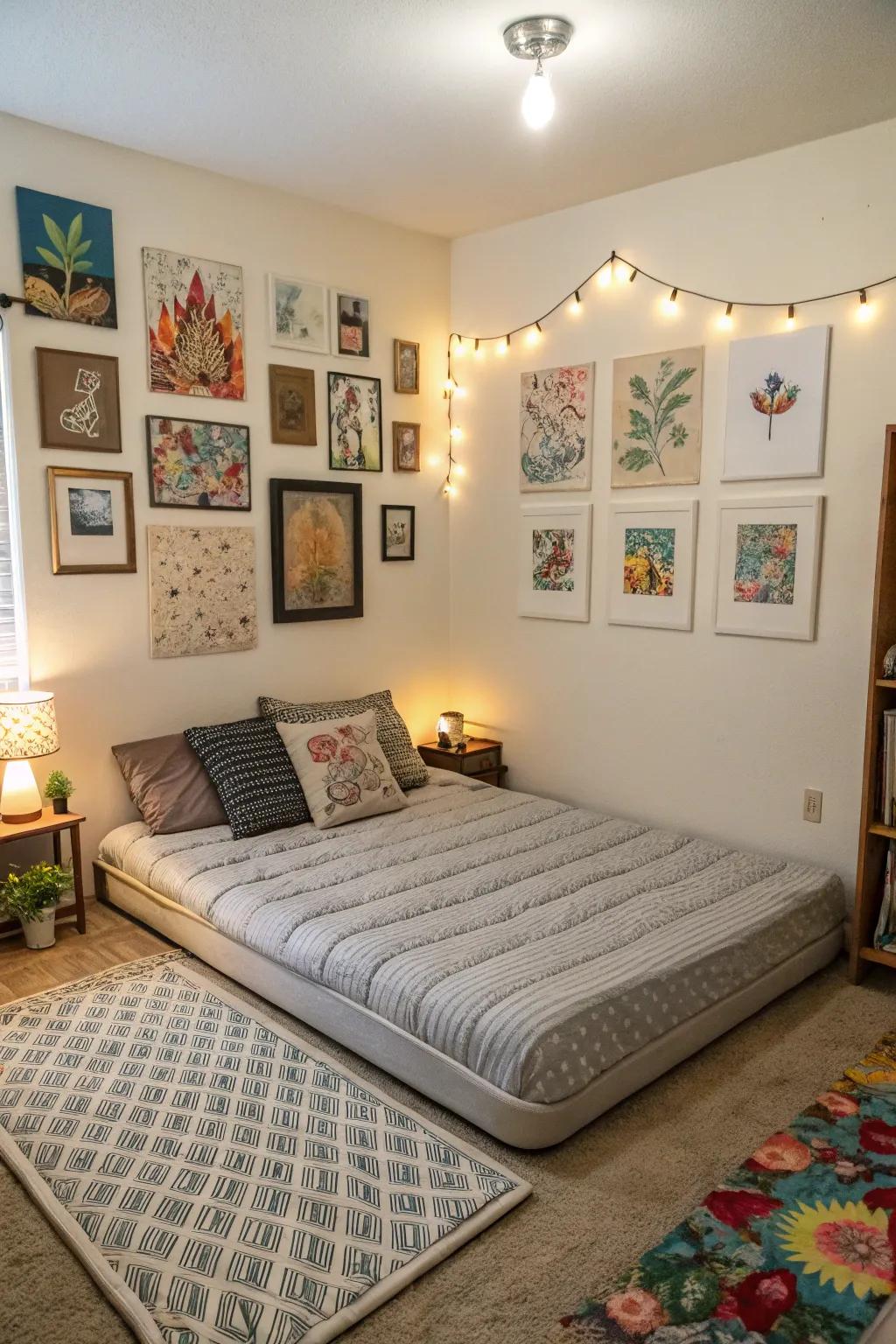 Artwork frames the bed beautifully.