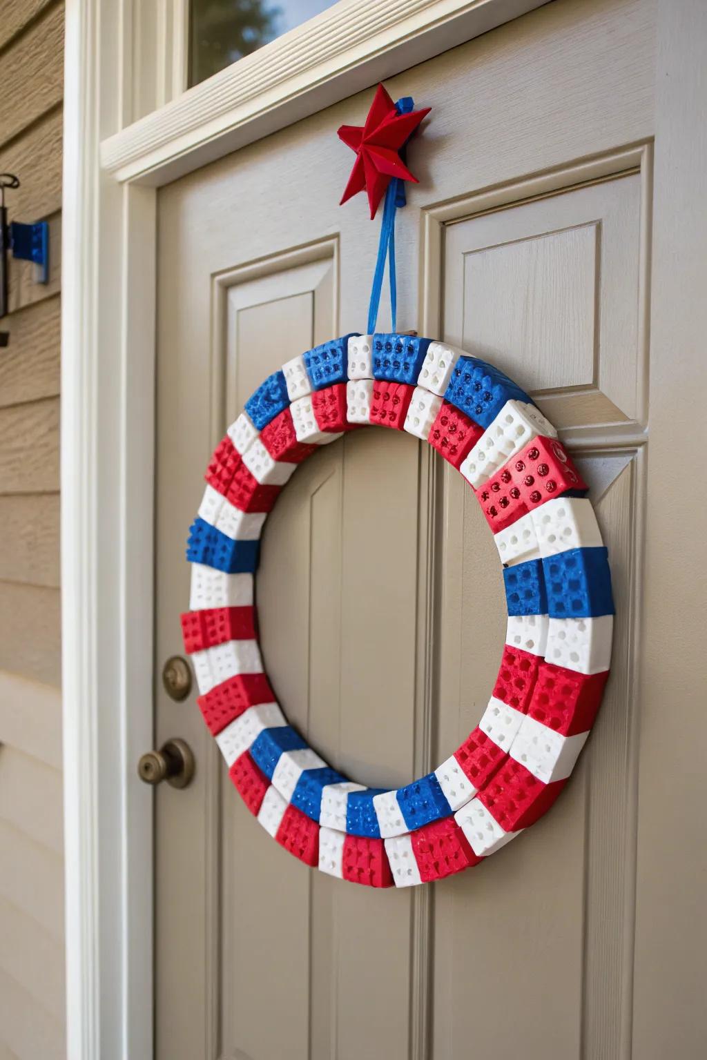 A playful and creative construction block wreath in patriotic colors.