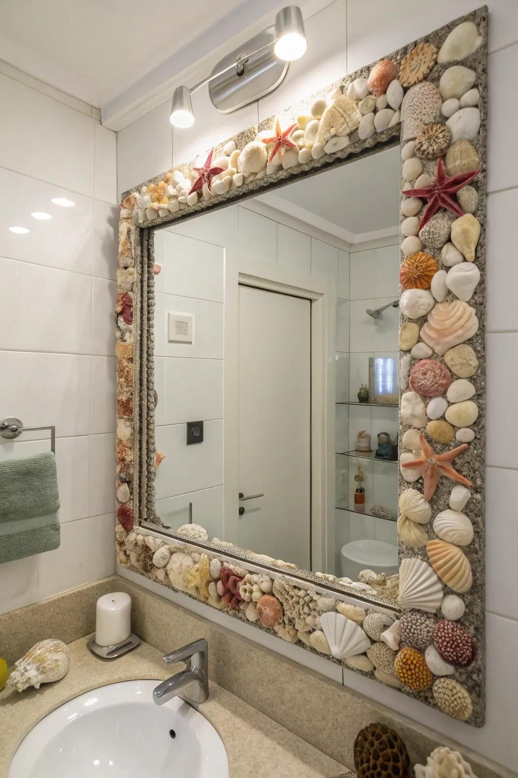 A shell-framed mirror contributes a handmade touch to the decor.
