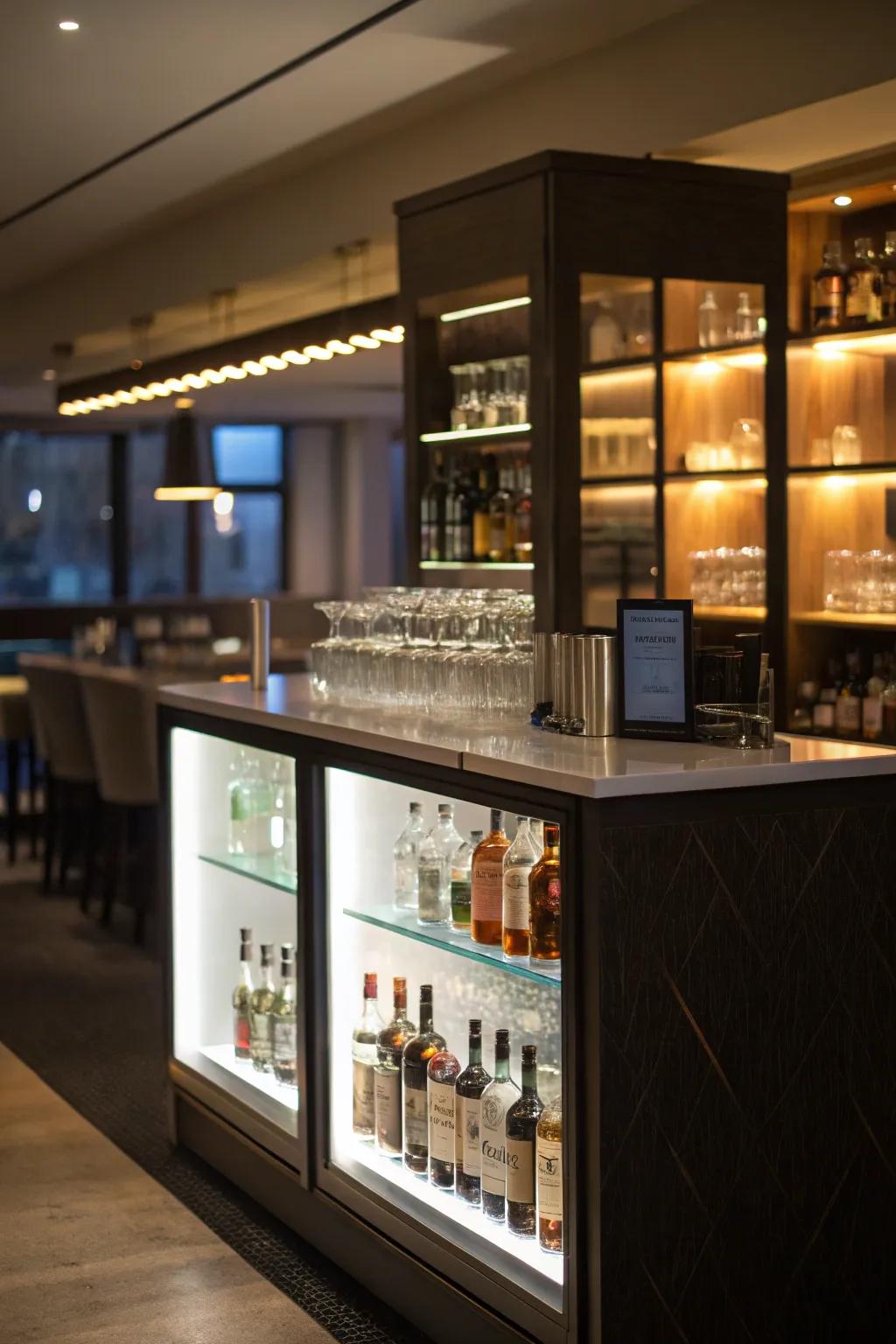 Concealed lighting introduces surprise and intrigue to the mini bar.