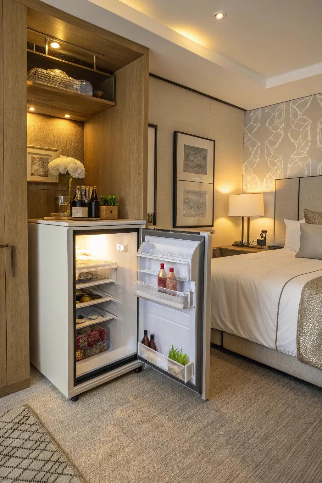 A hidden refrigerator seamlessly concealed within bedroom furniture.