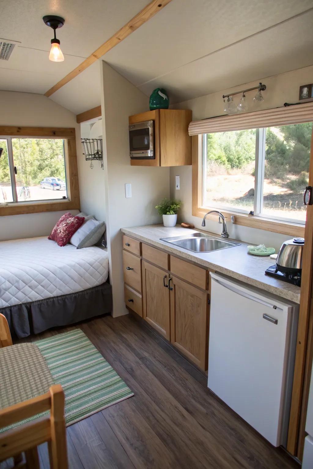 A compact visitor suite featuring a bed and small kitchenette, delivering a welcoming space for visitors.