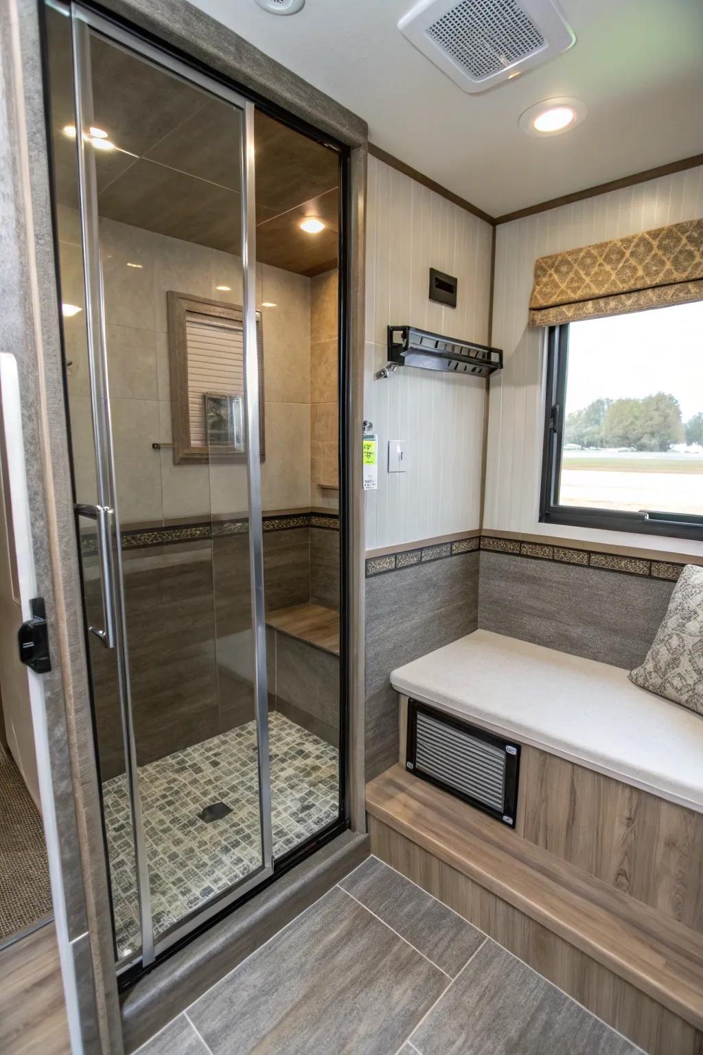 An in-shower bench adds luxury and practicality to this bathroom.