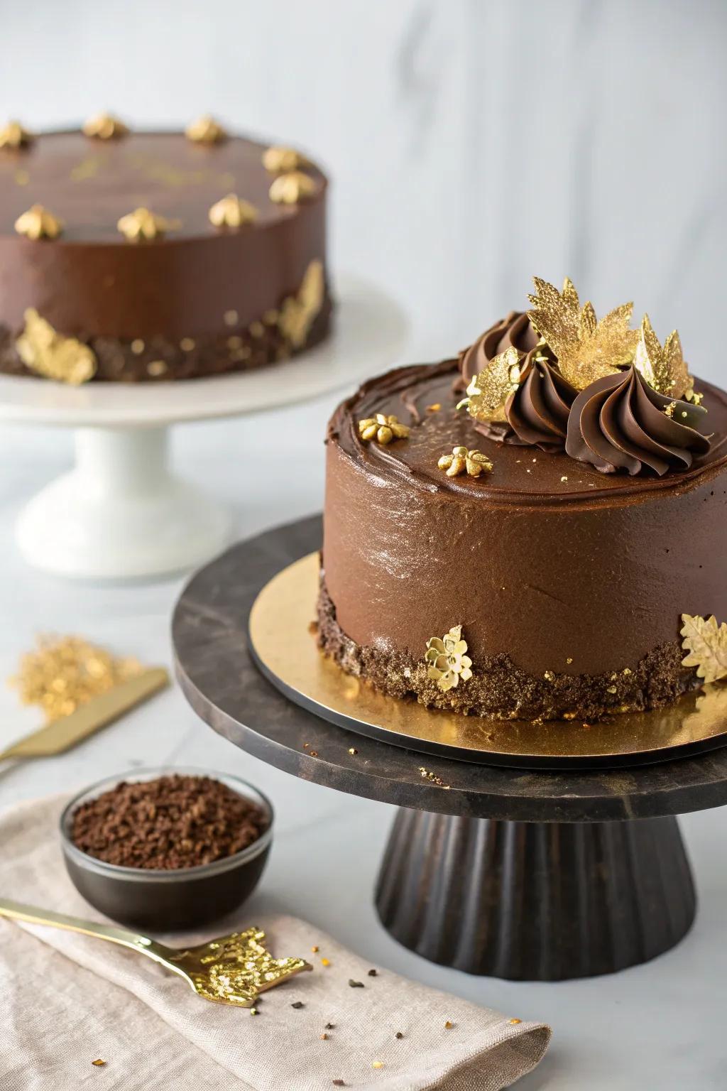 Edible gilded leaf introduces a glamorous touch to a mocha cake.