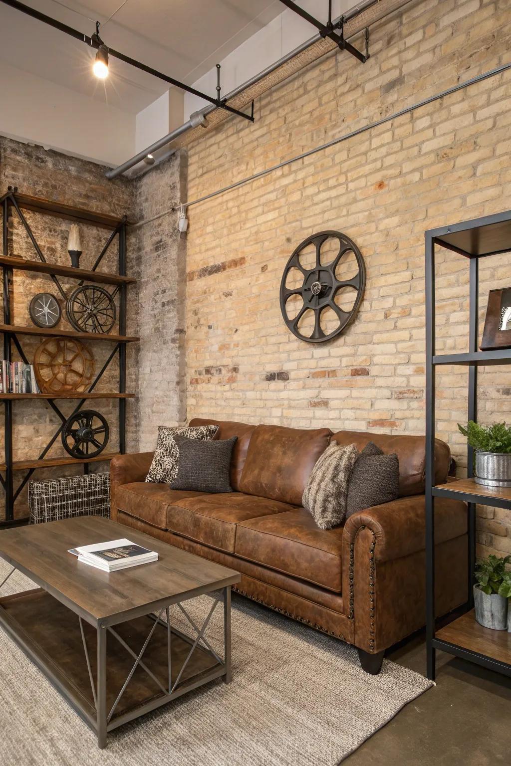 Industrial components introduce a fashionable refinement to the chocolate-brown sofa section.
