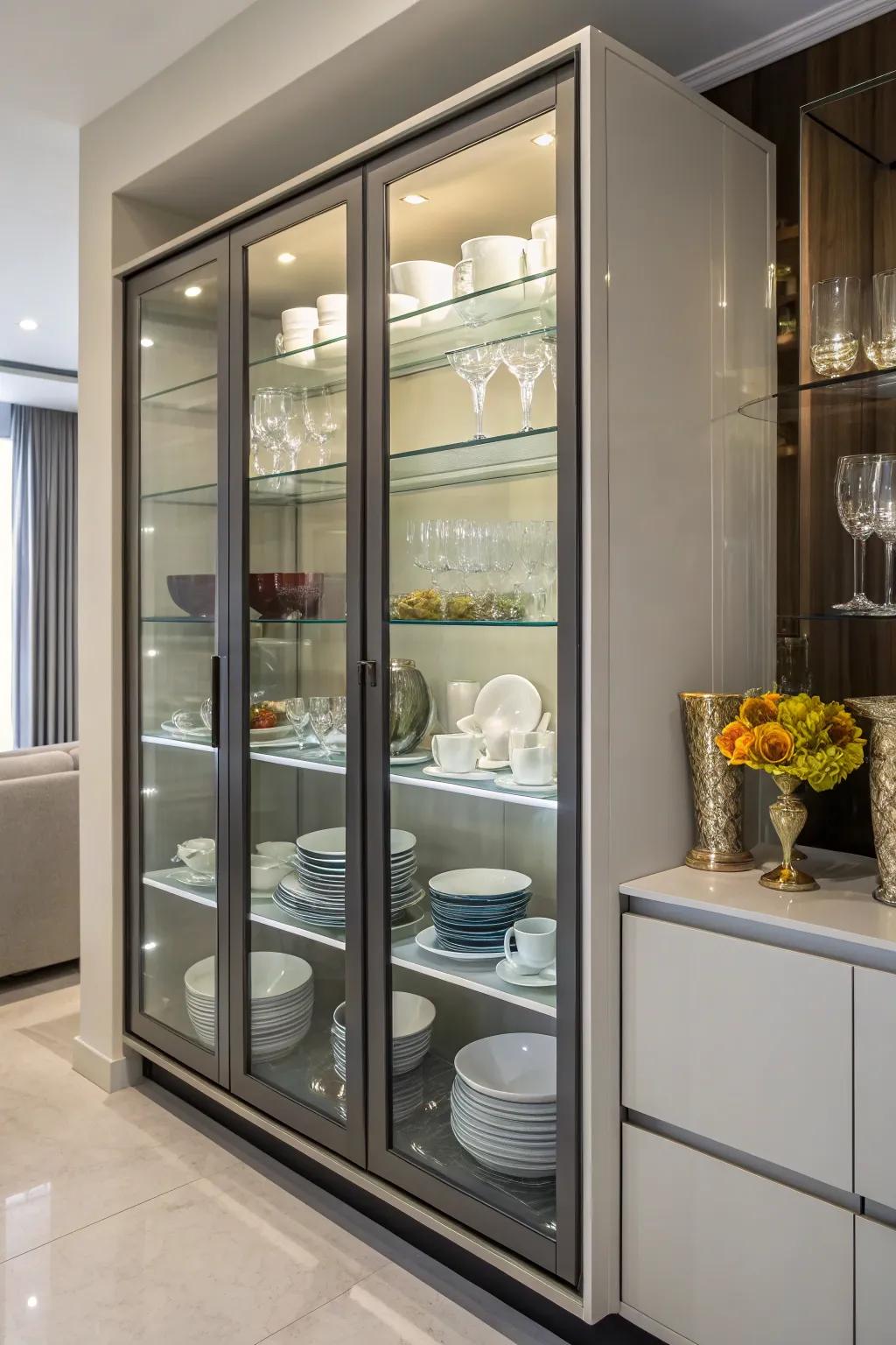 Satiny and shielding crystal panel fronts on a display cabinet.