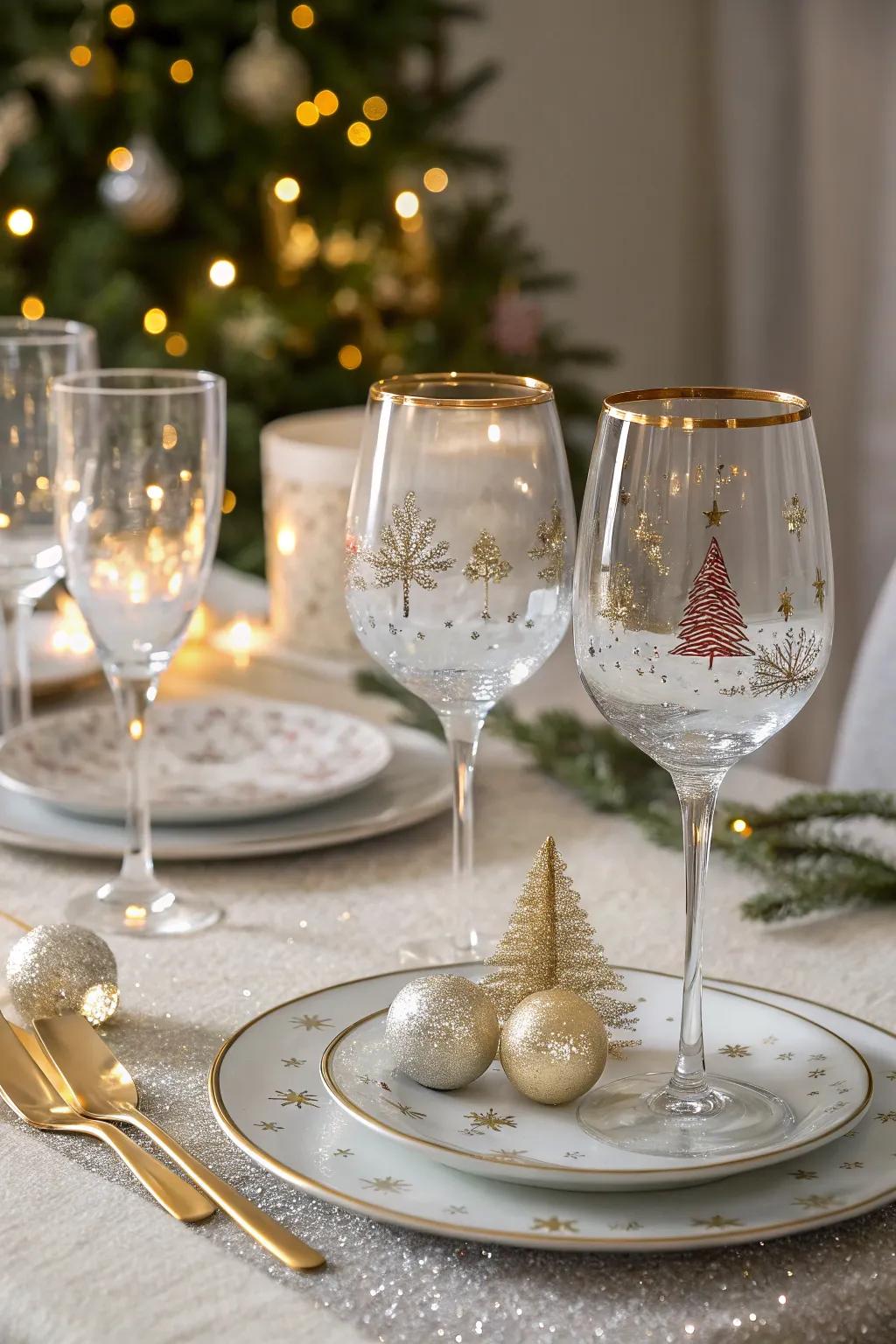 Elegant glassware with festive designs injects sparkle into the table.